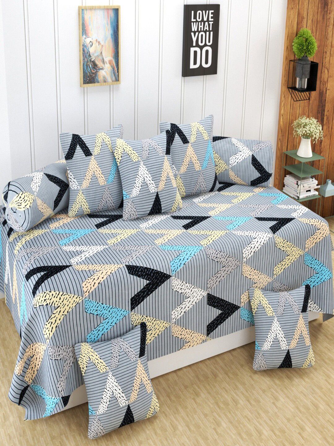 Homefab India 8-Pieces Grey & White Printed Diwan Set