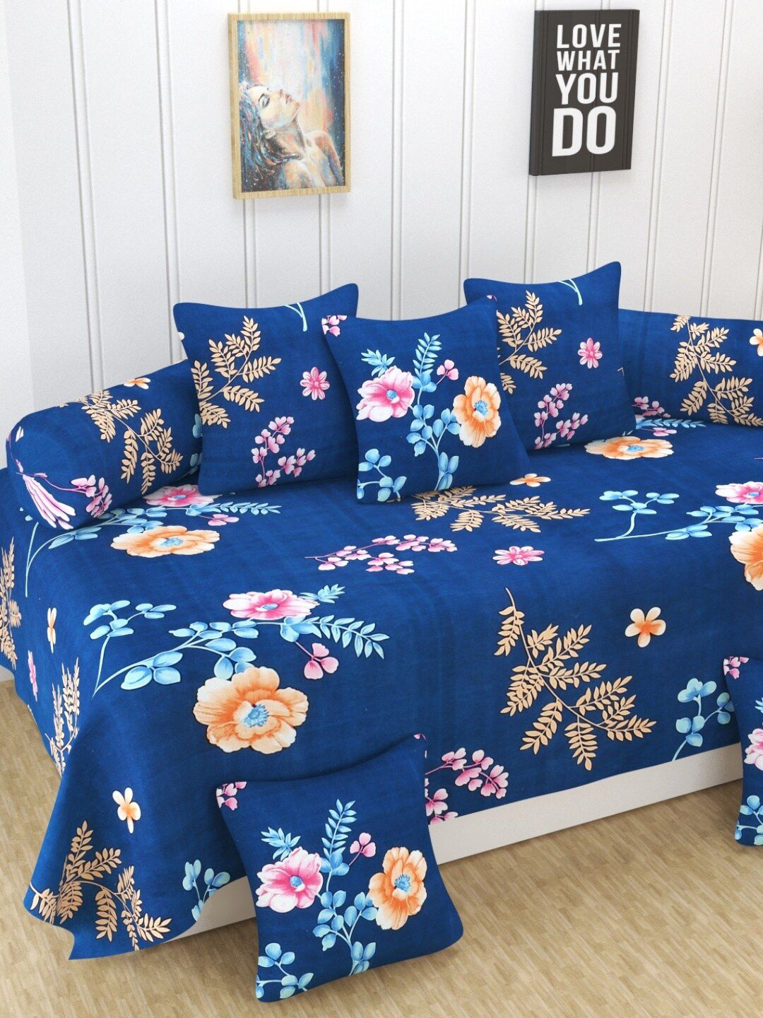Homefab India Blue & Pink  8 Pieces Printed Diwan Set