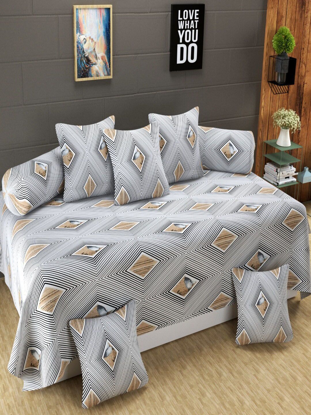 Homefab India White & Black 8 Pieces Printed Diwan Set