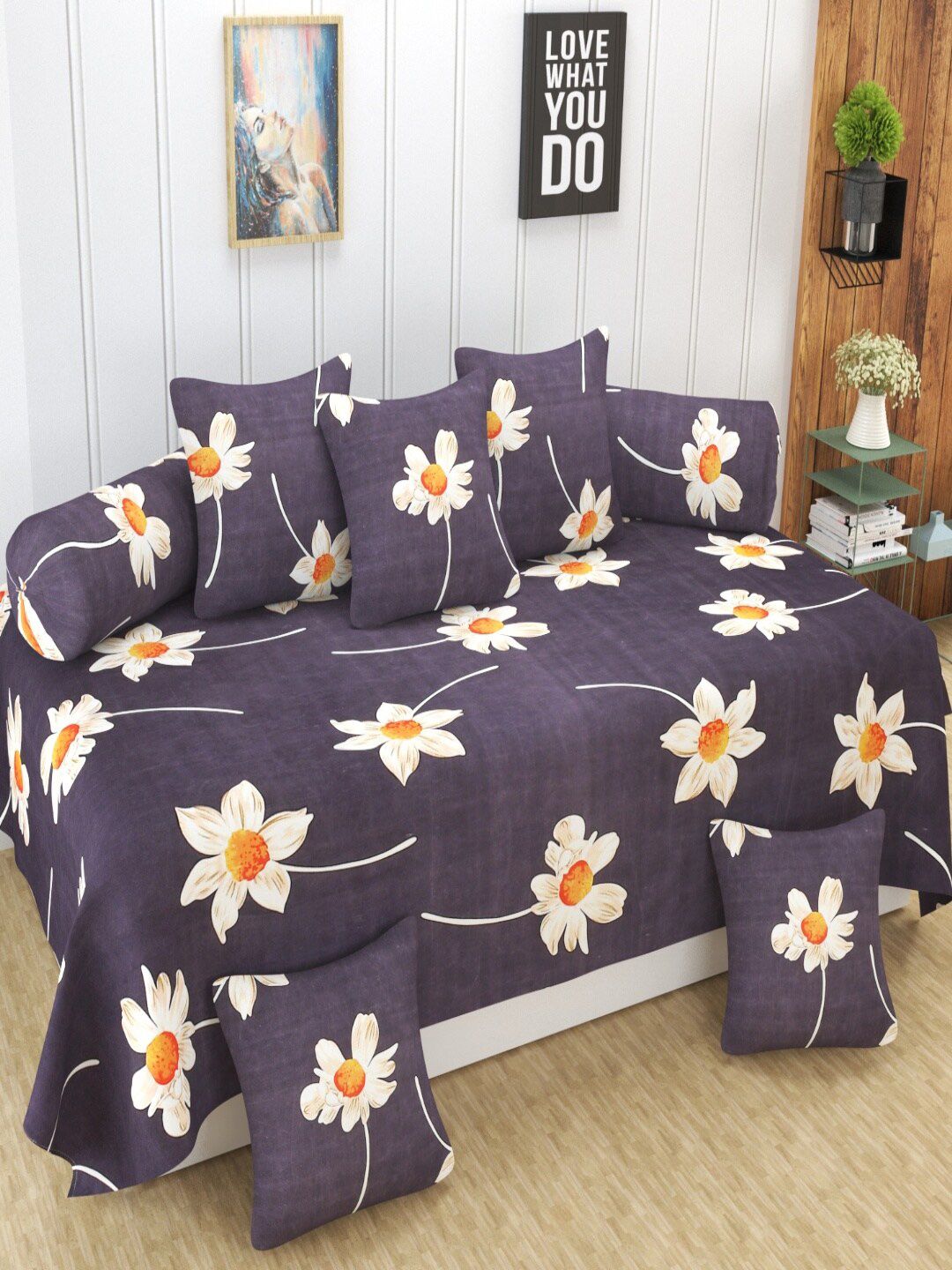 Homefab India Grey & Orange 8 Pieces Printed Diwan Set
