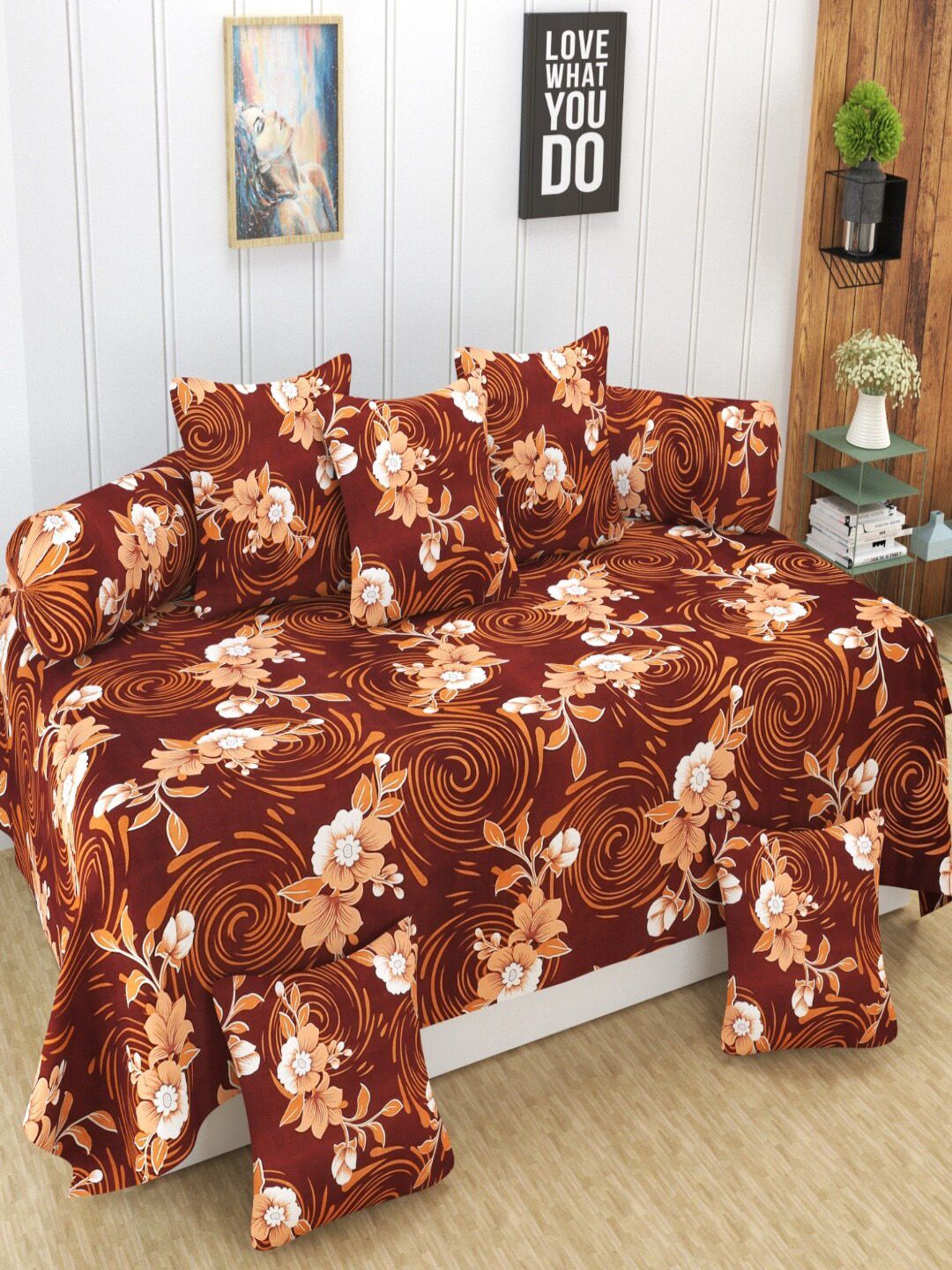 Homefab India 8-Pieces Brown & White Printed Diwan Set