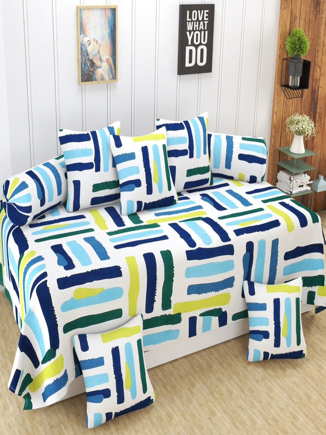 Homefab India 8 Pieces White & Blue Printed Diwan Set