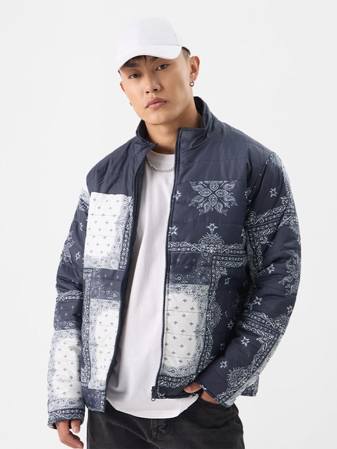 The Souled Store Men Oversized Fit Printed Navy Blue Puffer Jackets
