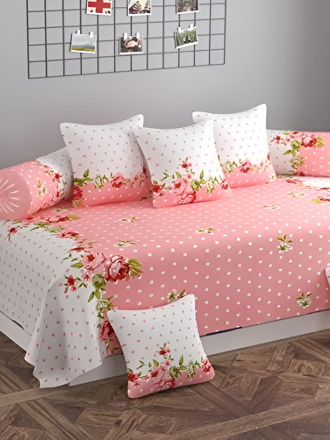 DECOR VATIKA Pink & White 8 Pieces Floral Printed Diwan Set