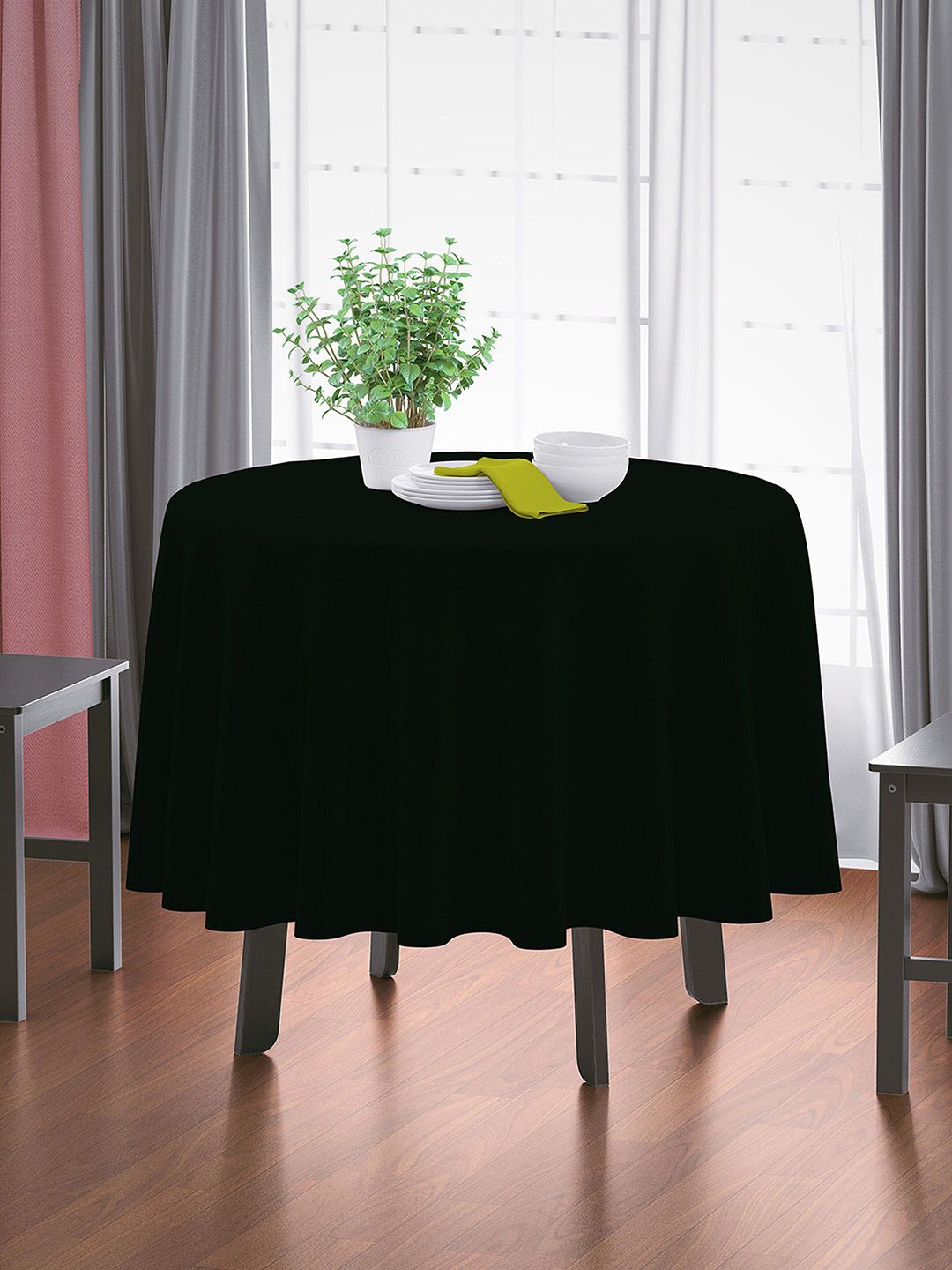 HOME COLORS.IN Black Cotton 4 Seater Round Table Cover