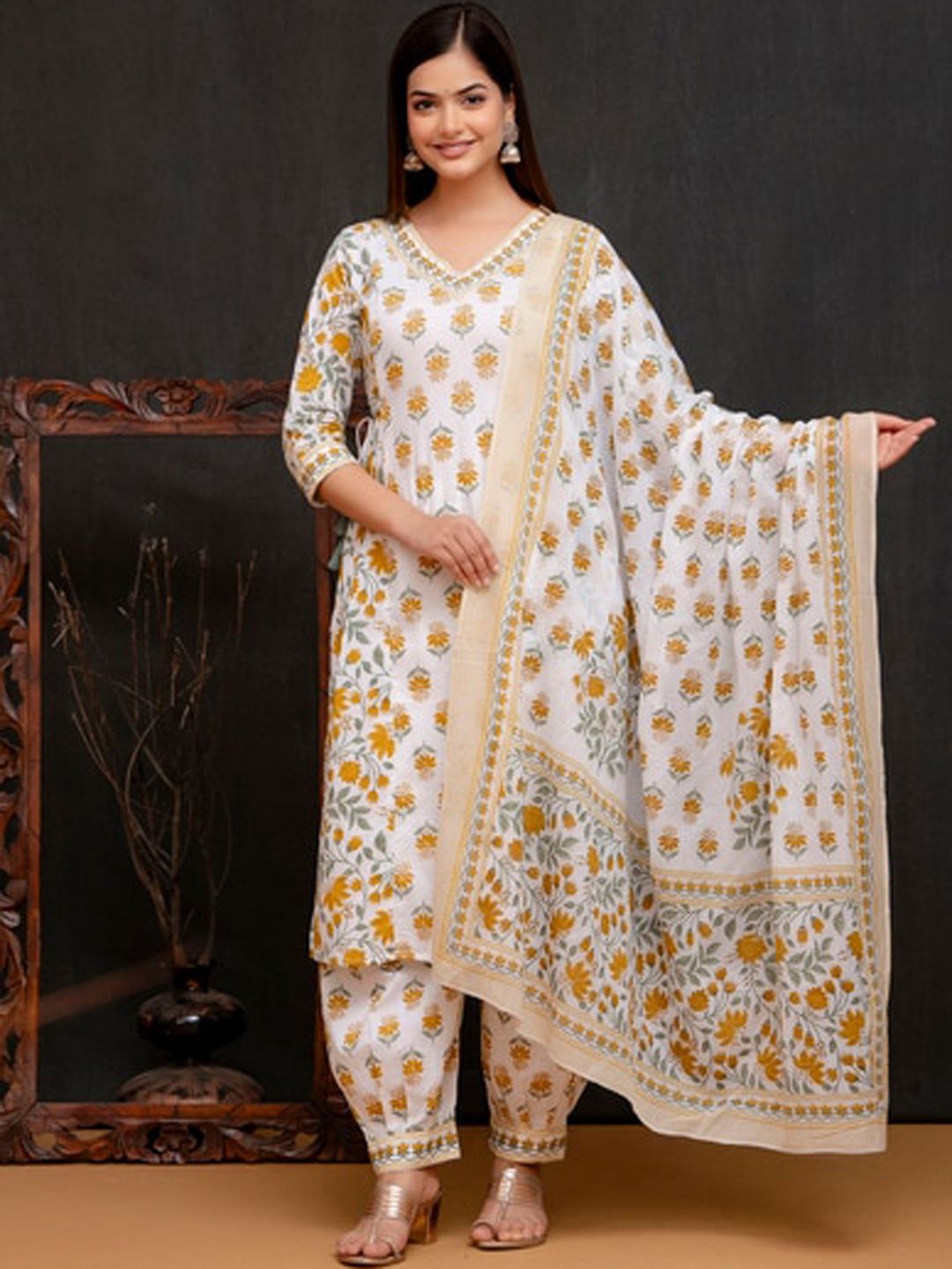STYLUM FAB Women Yellow Floral Printed Regular Mirror Work Pure Cotton Kurta with Salwar & With Dupatta