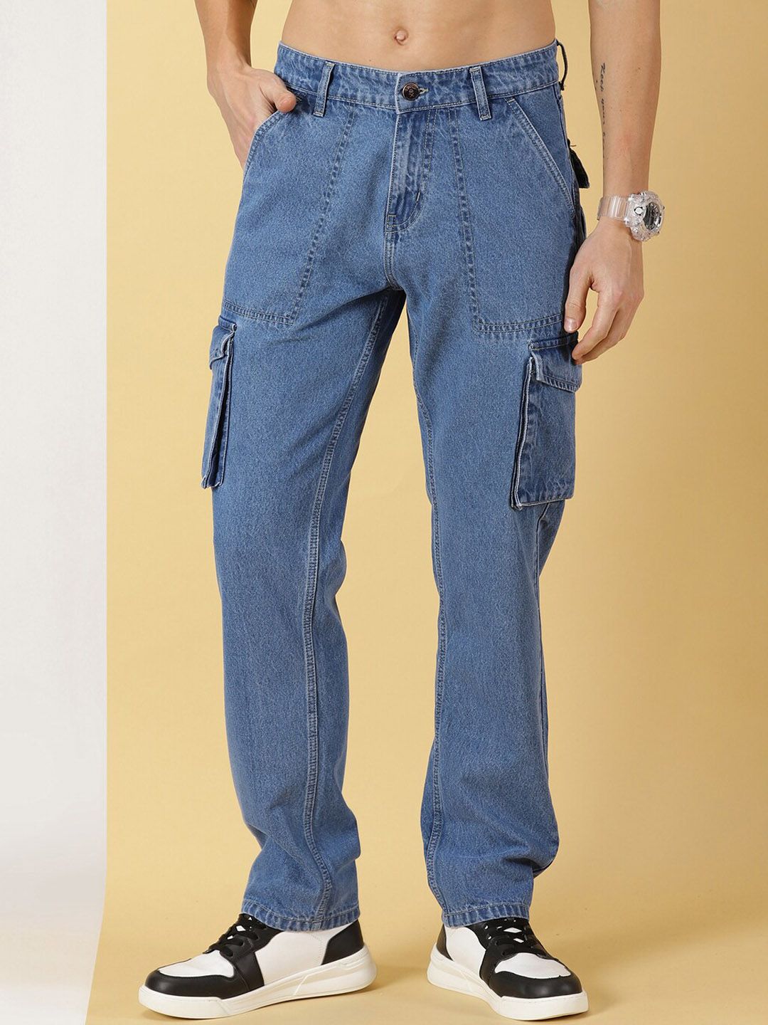 Thomas Scott Men Comfort Relaxed Fit Clean Look Light Fade Pure Cotton Cargo Jeans