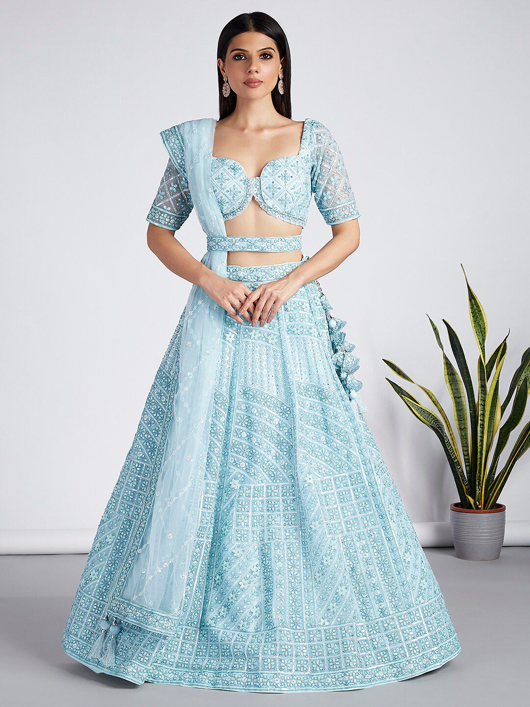 VAANI CREATION Turquoise Blue Embroidered Sequinned Semi-Stitched Lehenga & Unstitched Blouse With Dupatta Price in India