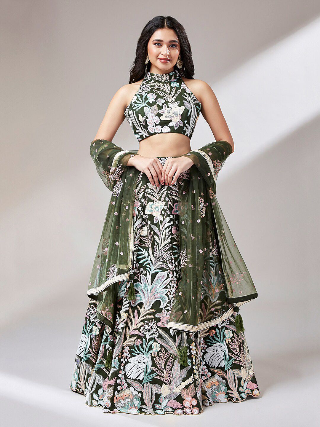 VAANI CREATION Olive Green Embroidered Sequinned Semi-Stitched Lehenga & Unstitched Blouse With Dupatta Price in India