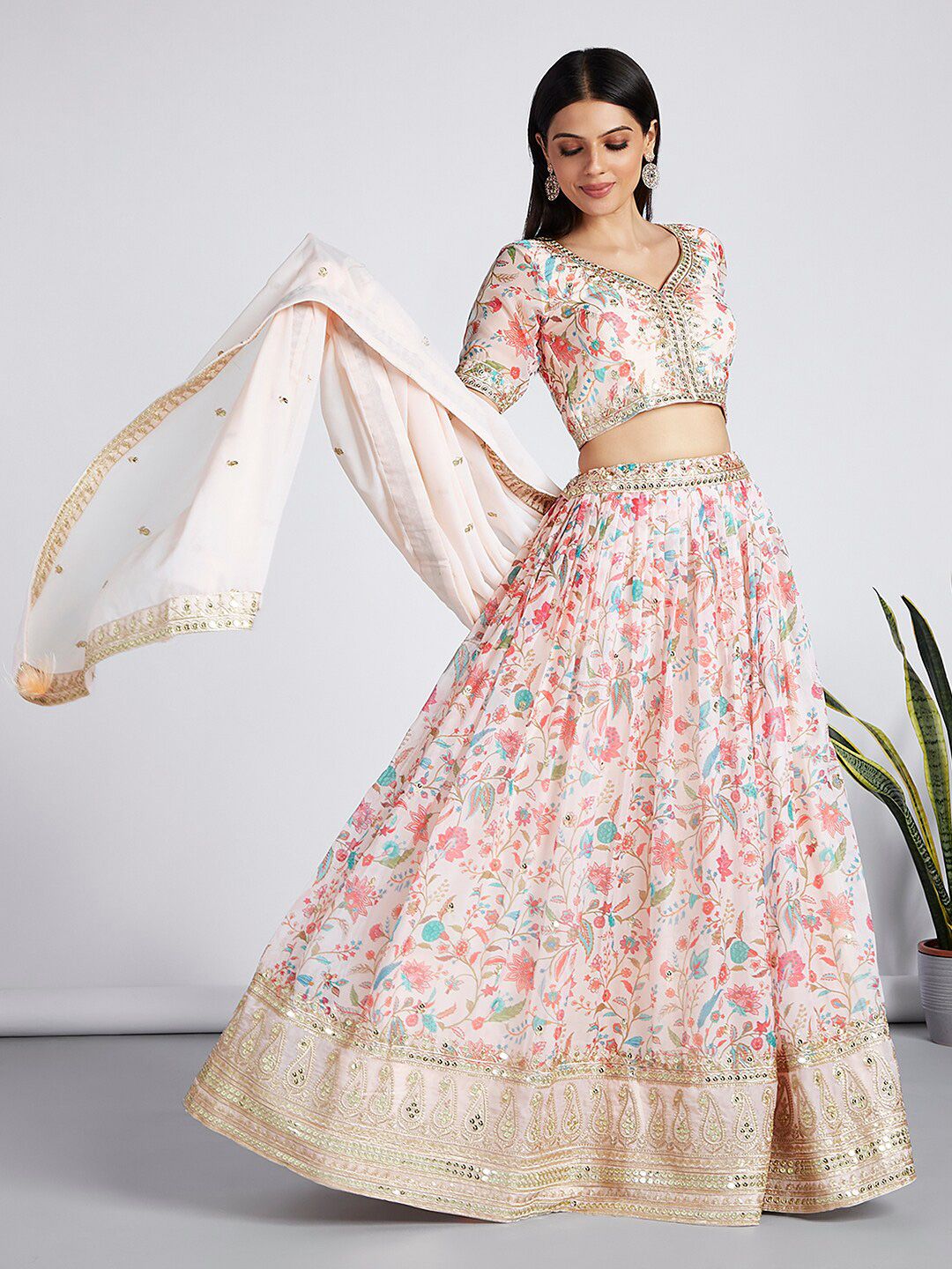 VAANI CREATION Cream-Coloured Embroidered Sequinned Semi-Stitched Lehenga & Unstitched Blouse With Dupatta Price in India