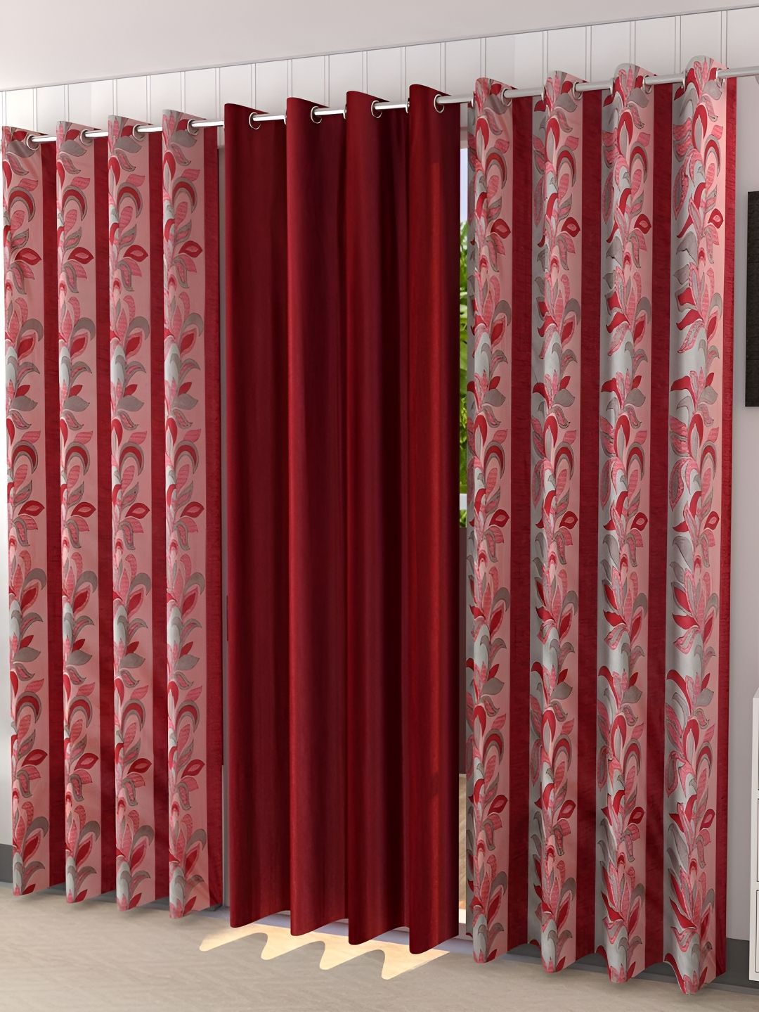Kraftiq Homes Maroon & Pink 3 Pieces Room Darkening Long Door Curtain