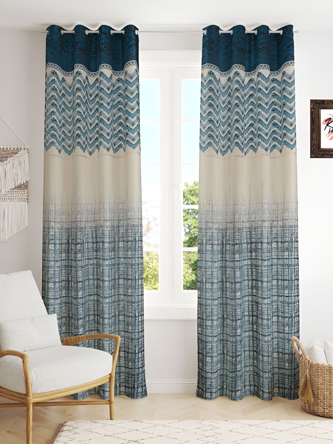 Kraftiq Homes Beige & Blue 2 Pieces Room Darkening Window Curtains