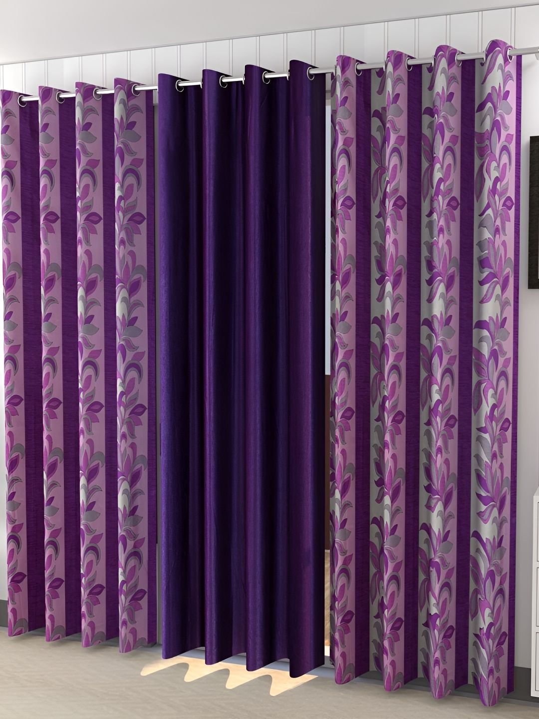 Kraftiq Homes Purple 3 Pieces Room Darkening Long Door Curtains