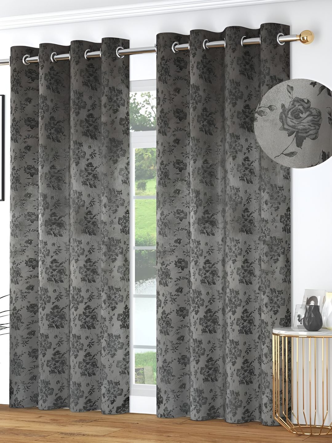 Kraftiq Homes Grey & Black 2 Pieces Room Darkening Long Door Curtains