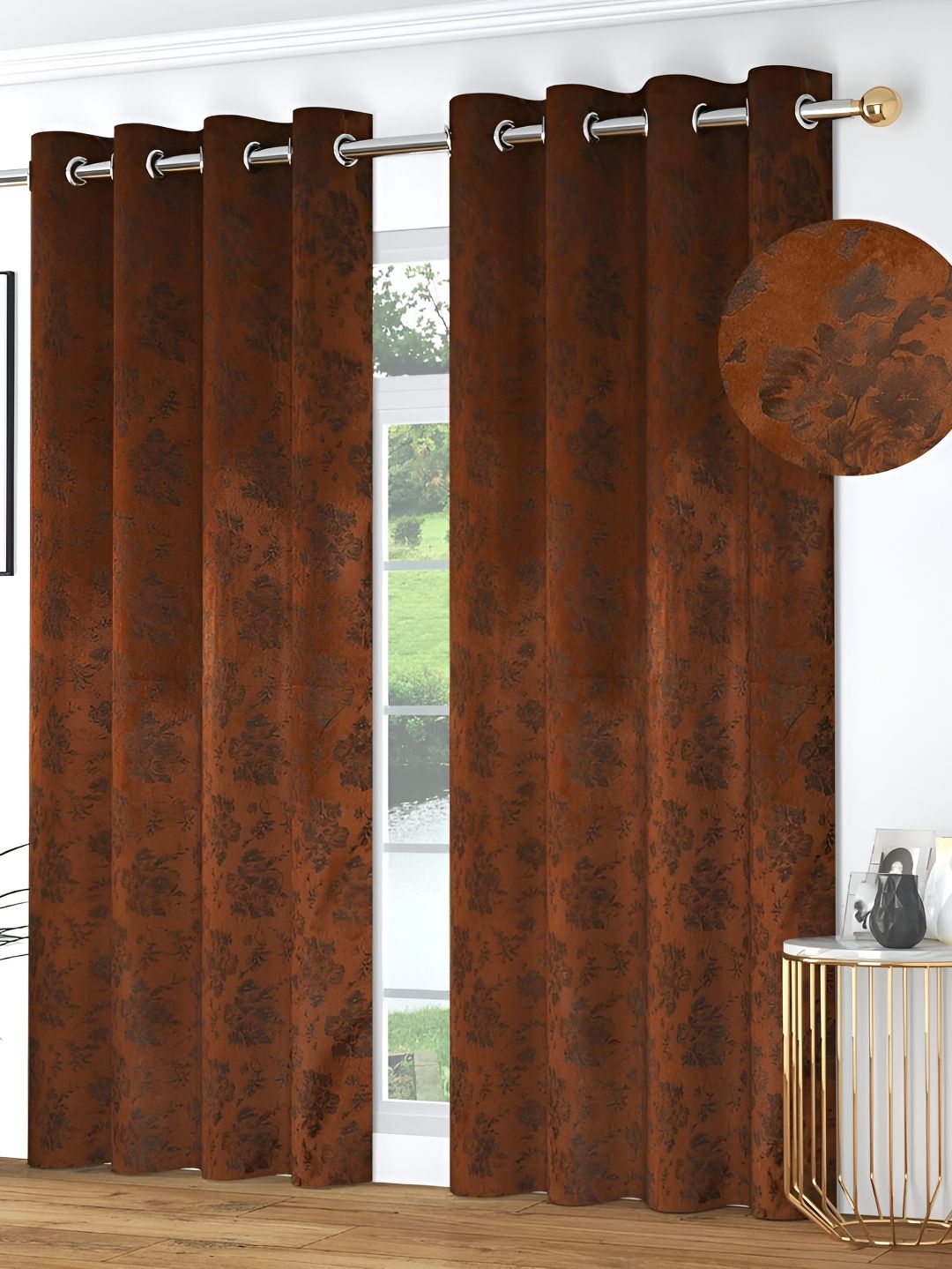 Kraftiq Homes Brown 2 Pieces Floral Printed Room Darkening Window Curtains