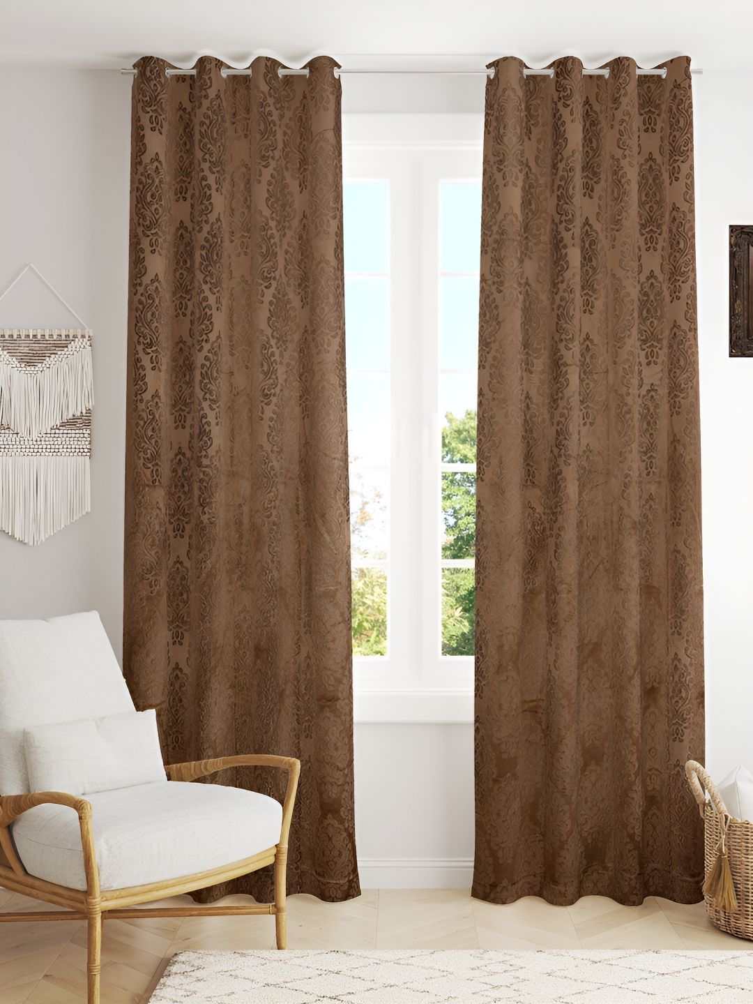 Kraftiq Homes Burnout Velvet Brown 2 Pieces Room Darkening Door Curtain