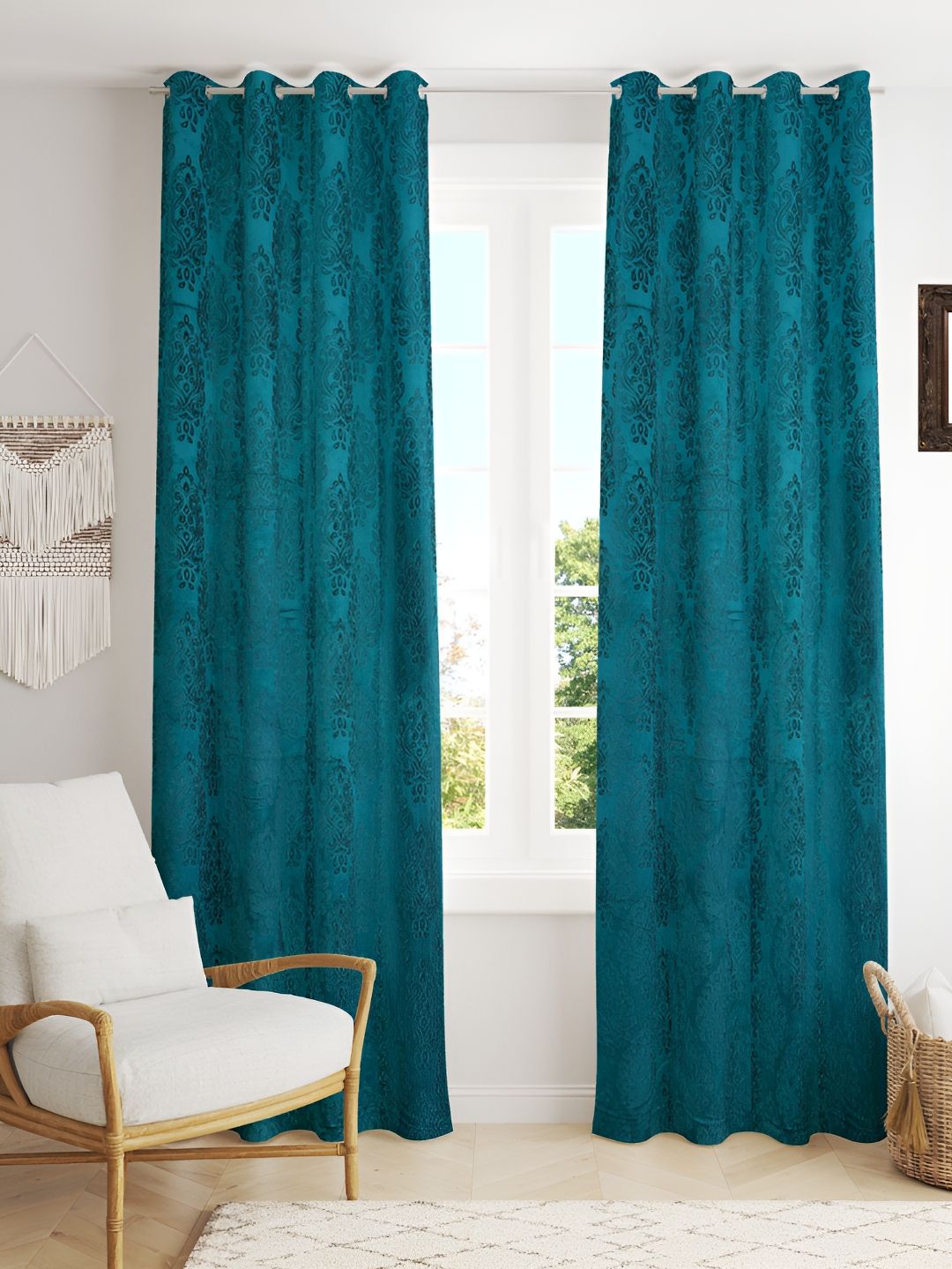 Kraftiq Homes Burnout Aqua Green 2 Pieces Velvet Room Darkening Window Curtains