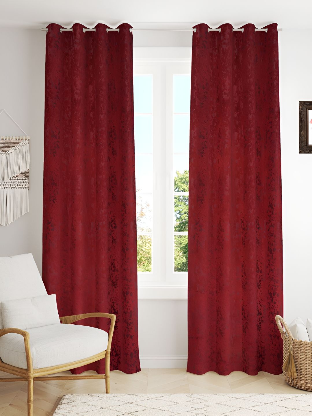 Kraftiq Homes BurnOut Maroon 2 Pieces Self Design Velvet Room Darkening Window Curtain