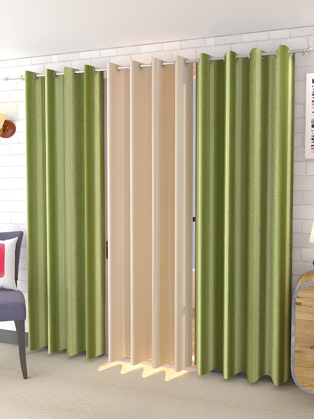 Kraftiq Homes Royal Crush Green & Beige 3 Pieces Door Curtains