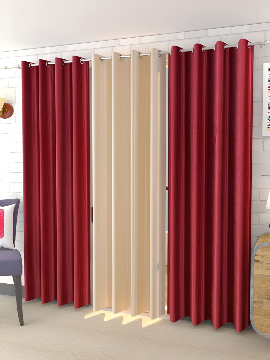 Kraftiq Homes Royal Crush Maroon & Cream 3 Pieces Window Curtains