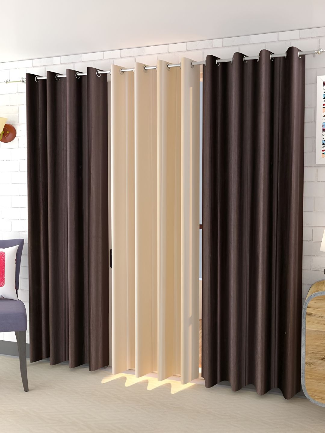 Kraftiq Homes Royal Crush Brown & Beige 3 Pieces Regular Door Curtains