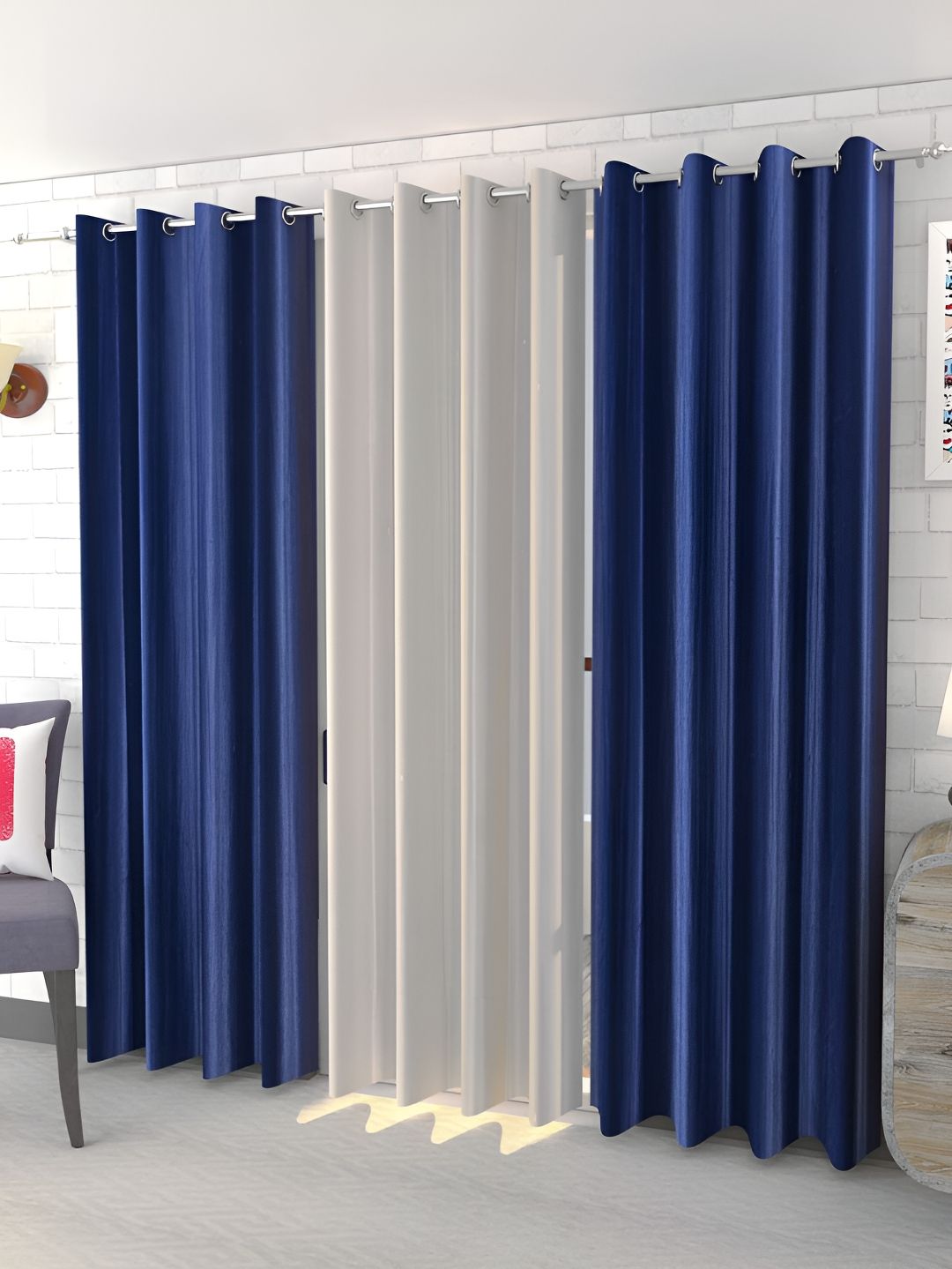 Kraftiq Homes Royal Crush Blue & White 3 Pieces Door Curtains