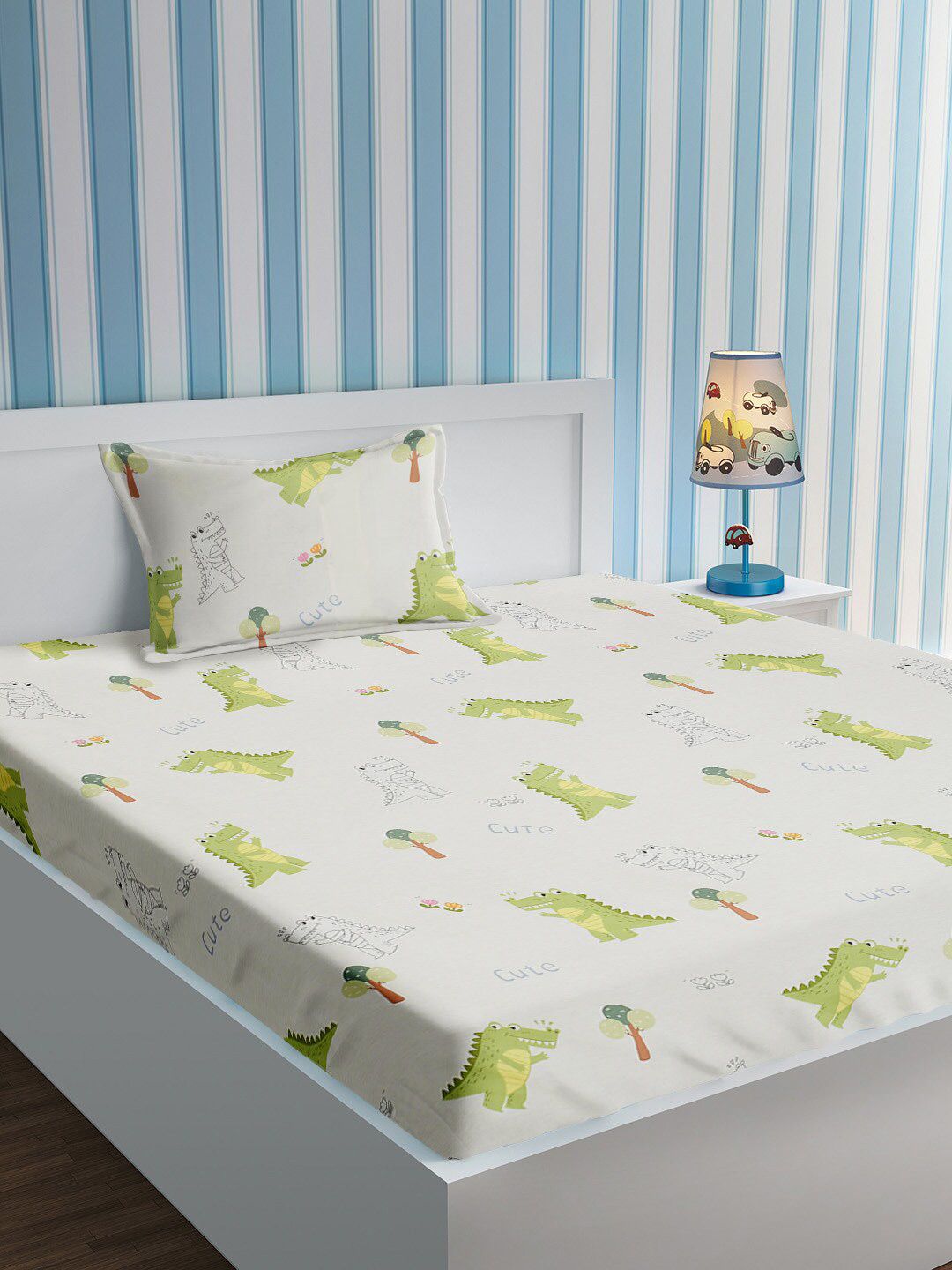 URBAN DREAM White Cartoon Characters Cotton 210 TC Single Fine Bedsheet with a Pillow Cover-59 x 91 inches