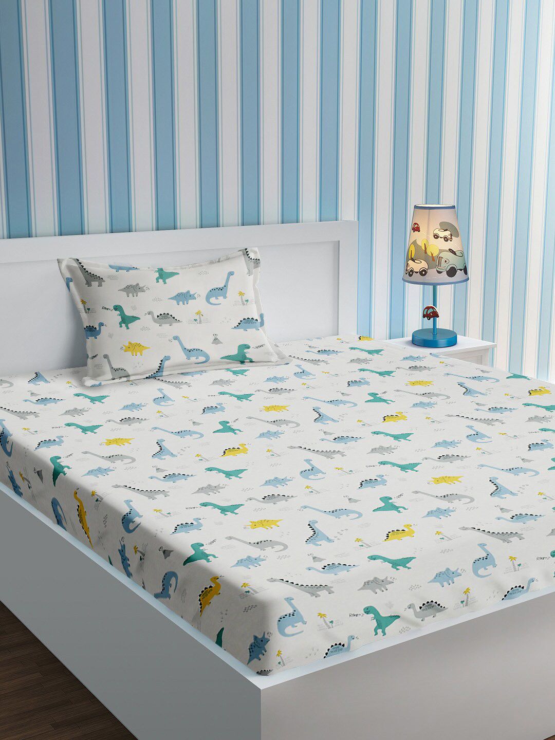 URBAN DREAM Kids White Conversational Cotton 210 TC Single Fine Bedsheet with a Pillow Cover-59 x 91 inches