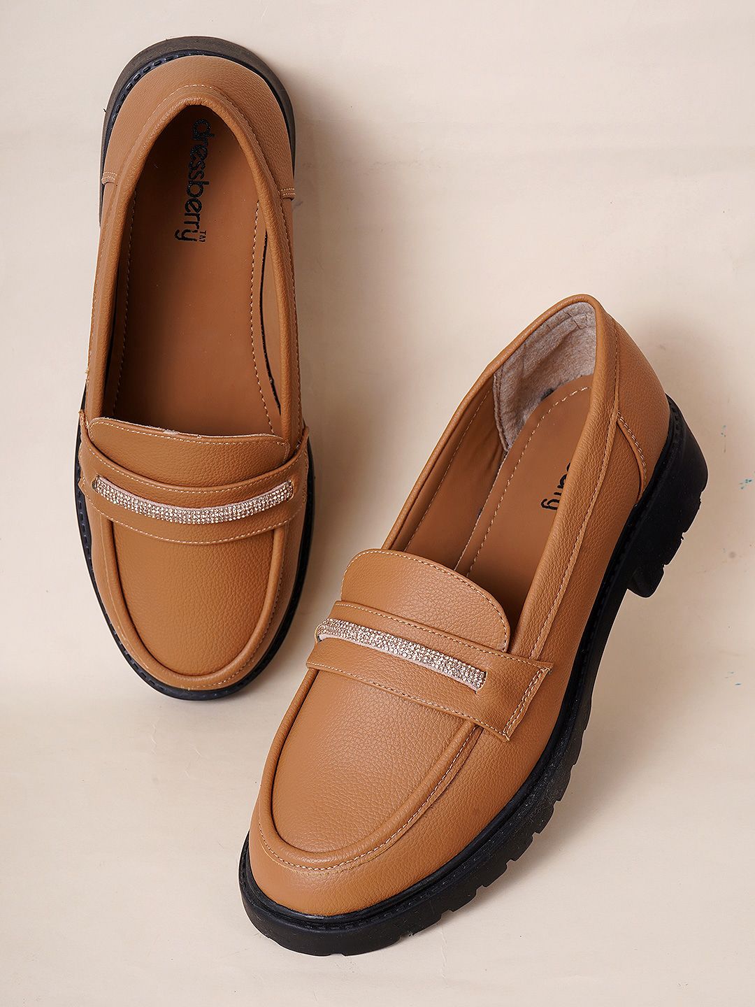 DressBerry Women Tan Slip-On Penny Loafers