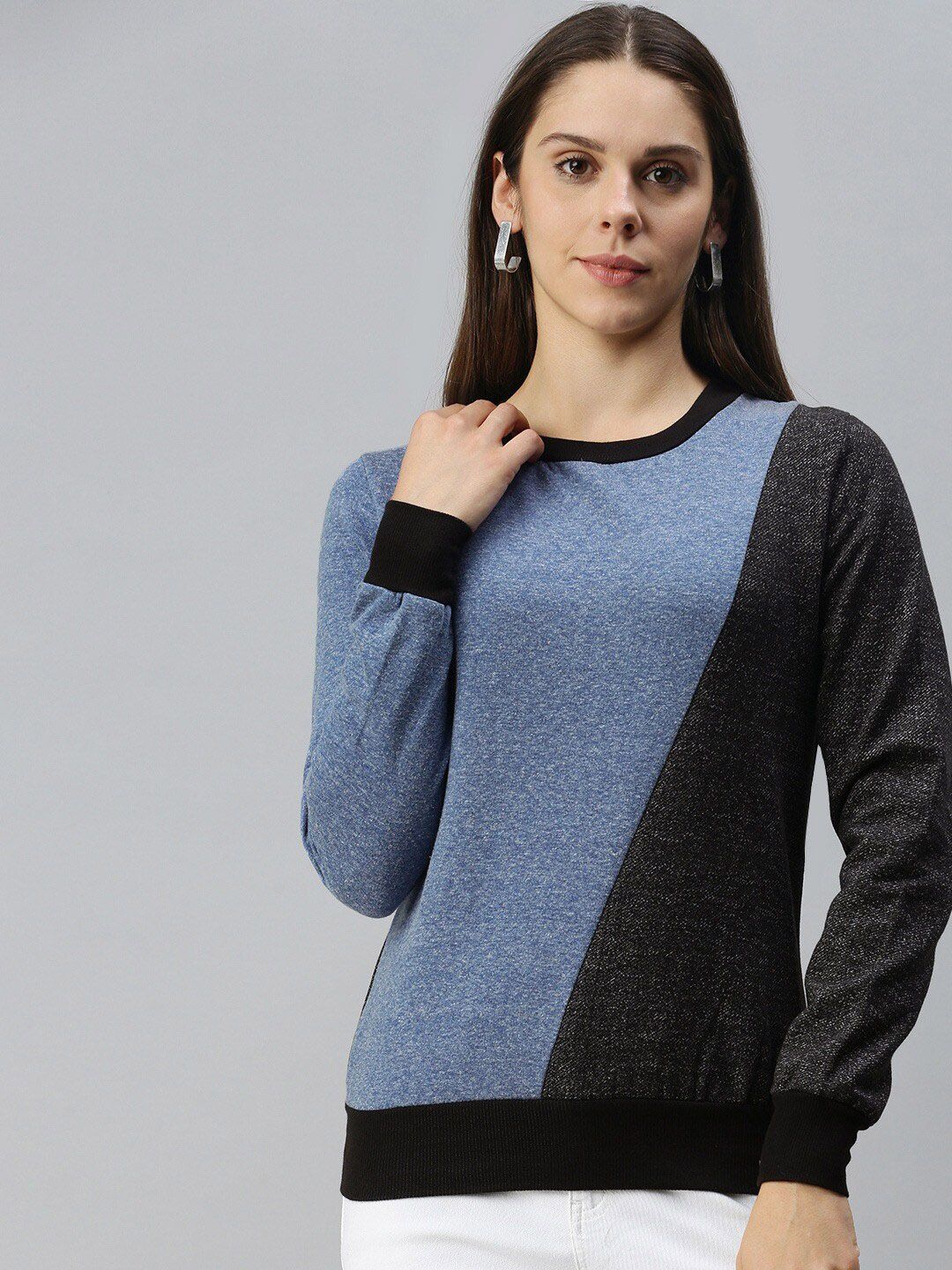 PINACOLADA Blue & Black Colourblocked Cotton Pullover Sweatshirt