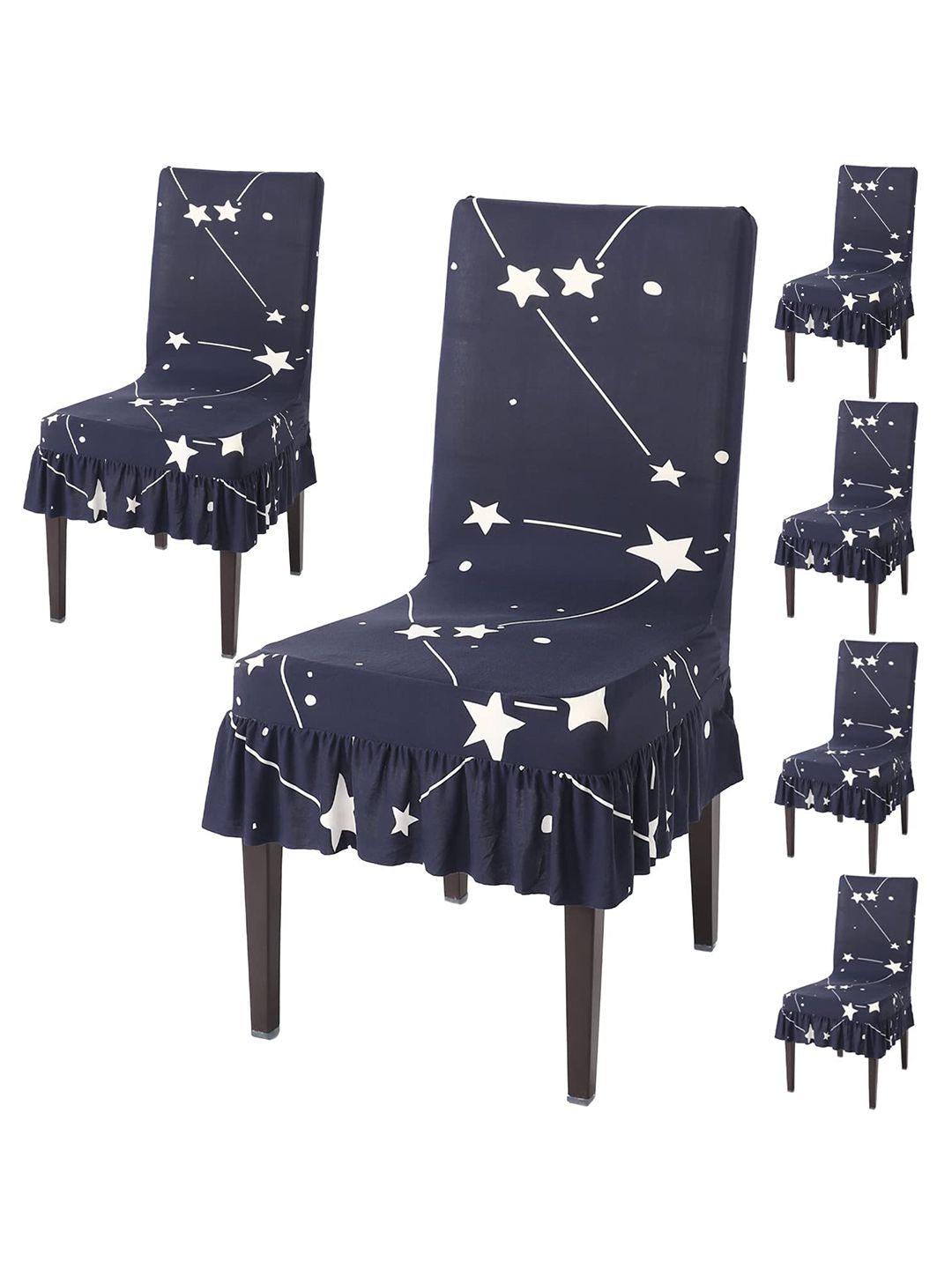 HOKIPO Navy Blue & White 6 Pieces Printed Stretchable Frill Chair Covers