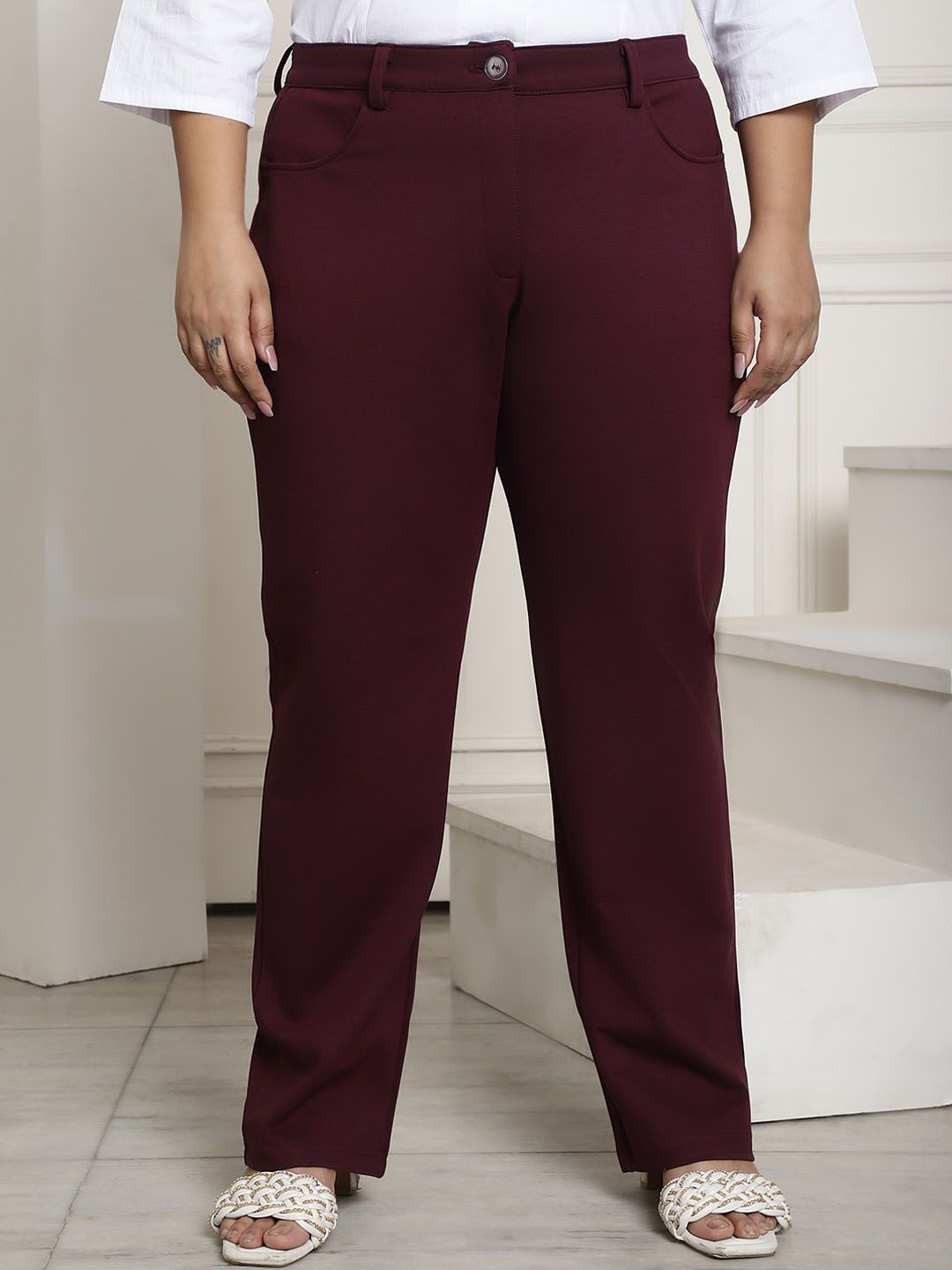 theRebelinme Women Burgundy Relaxed Straight Fit High-Rise Easy Wash Trousers Price in India
