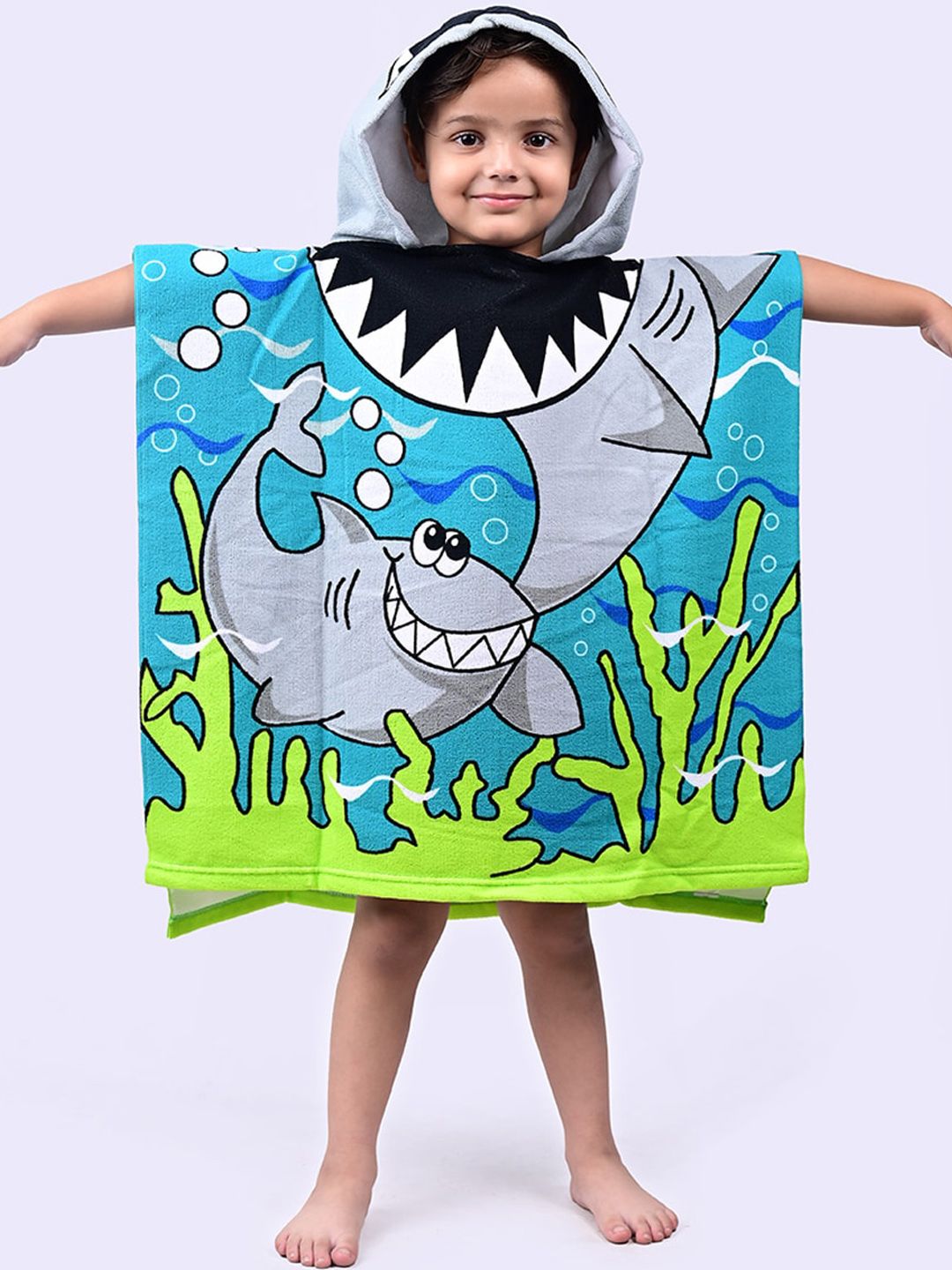 Yellow Bee Blue & Grey Shark Printed 250 GSM Microfibre Hooded Bath Towel