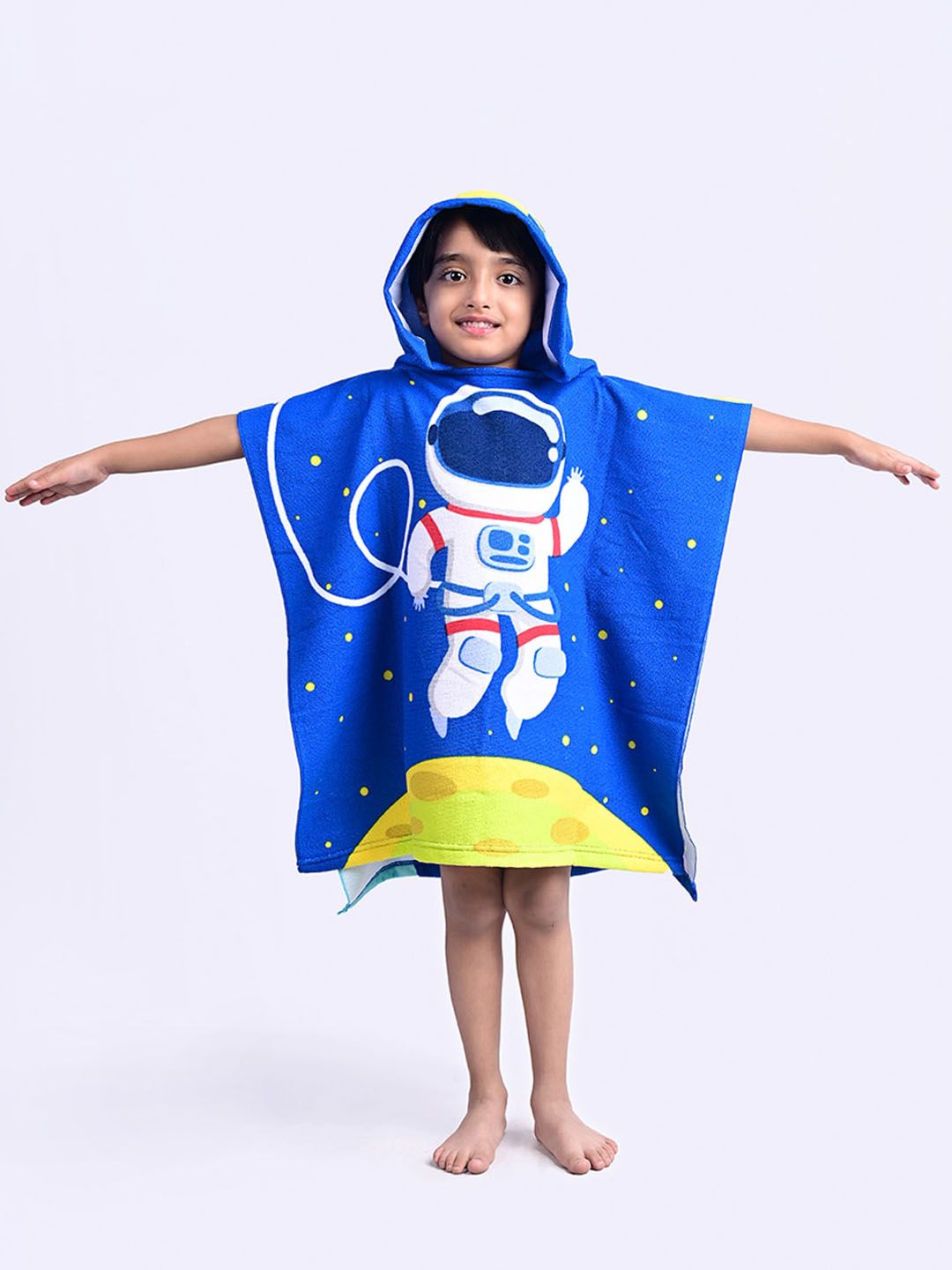 Yellow Bee Blue White Astronaut Printed 250 GSM Hooded Poncho Bath Towel for Boys