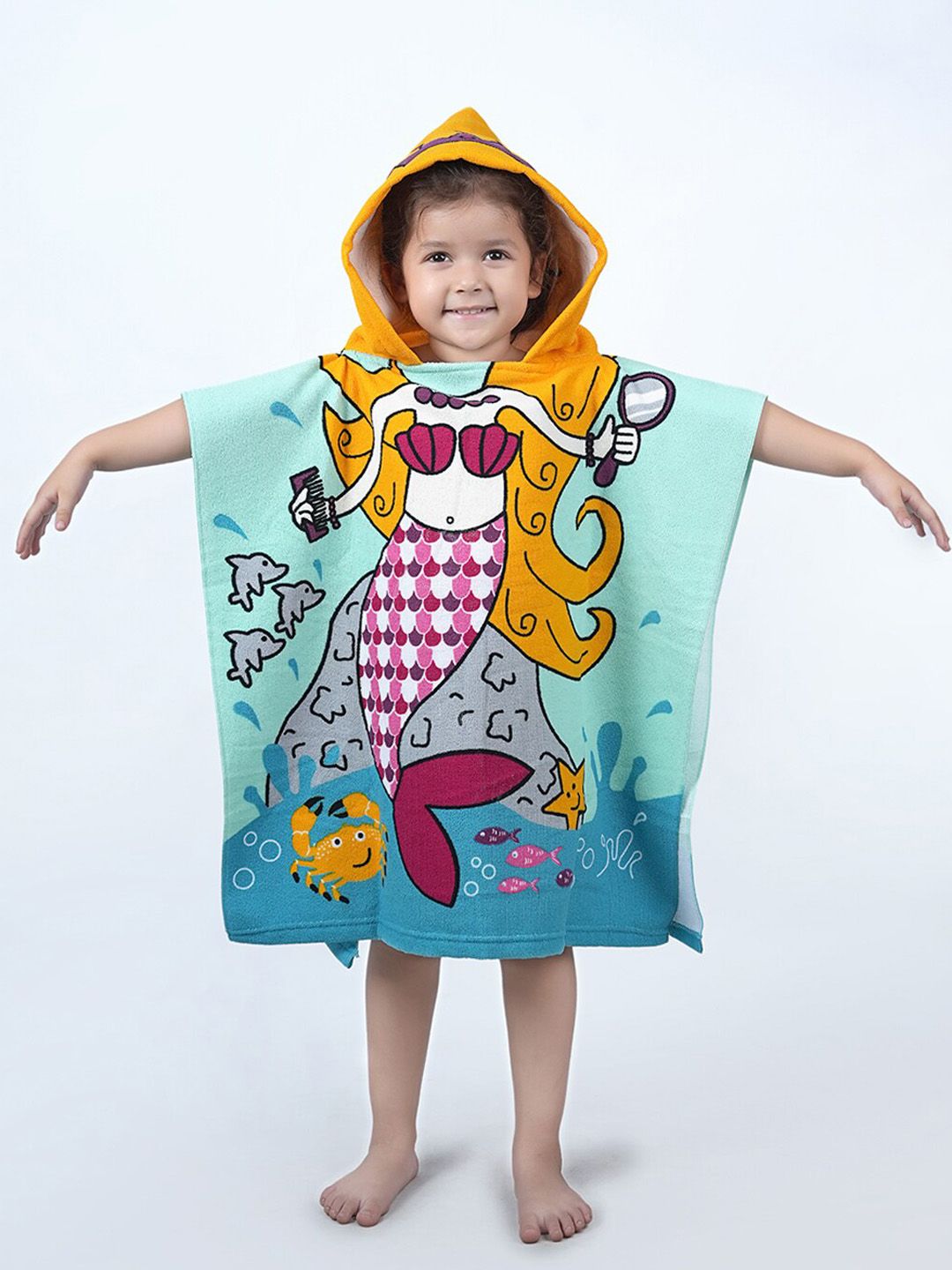 Yellow Bee Blue Graphic Printed 250GSM Hooded Poncho Bath Towel For Girls