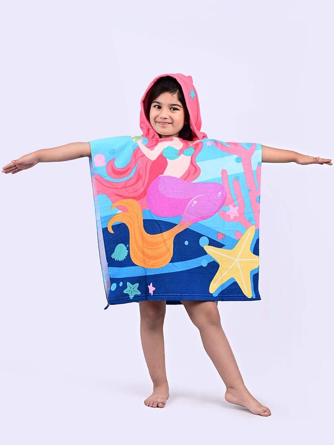 Yellow Bee Blue & Pink Mermaid Printed 250GSM Microfiber Hooded Bath Towel