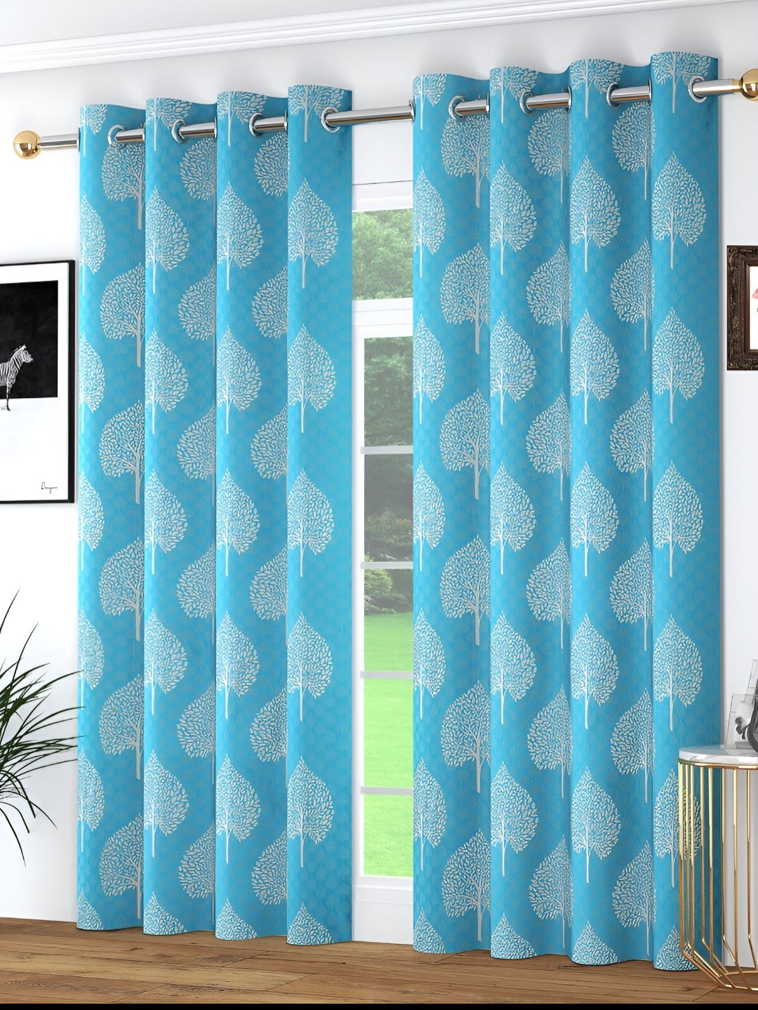 Kraftiq Homes Blue & White 2 Pcs Floral Room Darkening Window Curtain