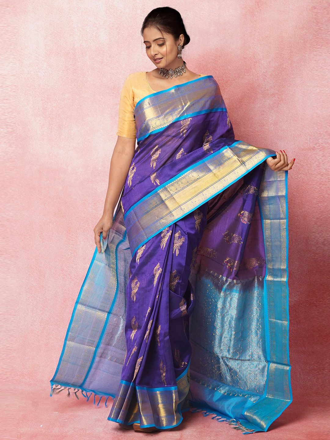 Unnati Silks Blue Woven Design Zari Pure Silk Handloom Kanjeevaram Saree Price in India