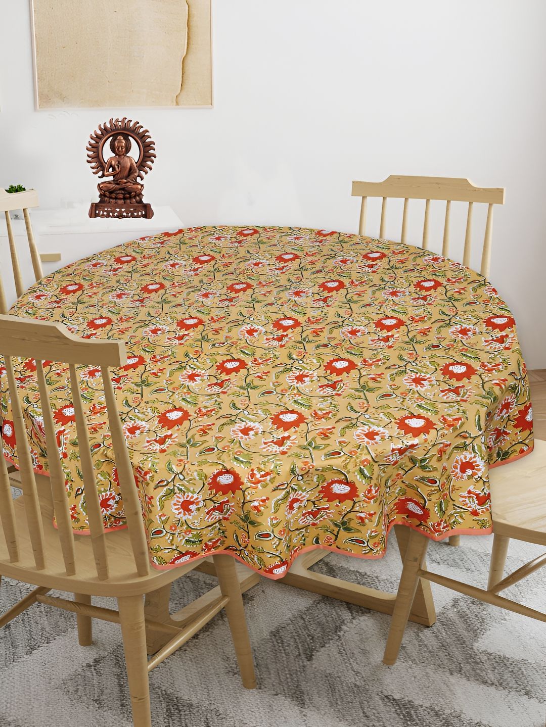 Texstylers Orange Floral Anti-Slip Cotton Round 4-Seater Table Cover