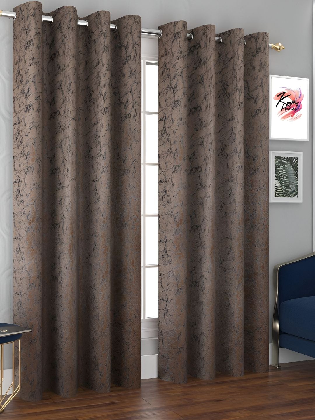 Kraftiq Homes Brown 2 Pieces Geometric Velvet Room Darkening Door Curtains