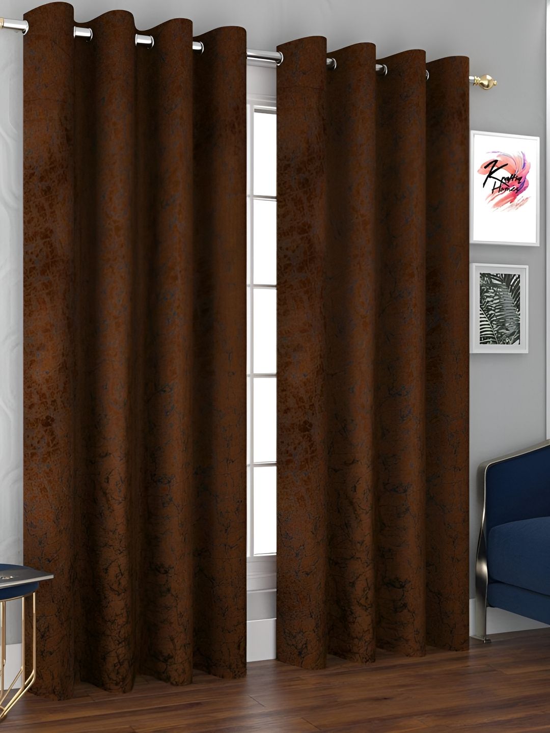 Kraftiq Homes Brown & Black 2 Pieces Geometric Velvet Room Darkening Window Curtains
