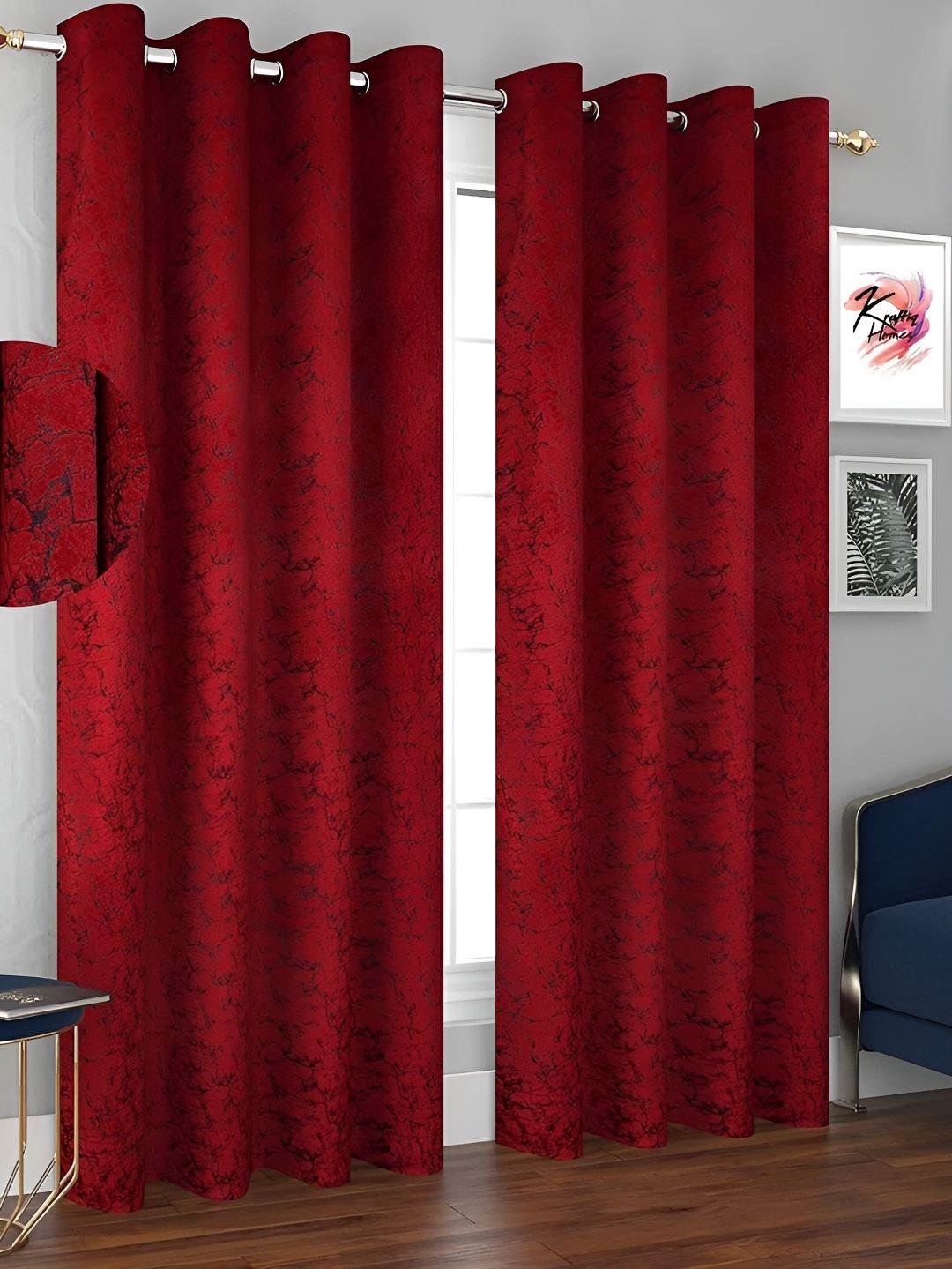 Kraftiq Homes Maroon 2 Pieces Eyelet Abstract Room Darkening Door Curtains