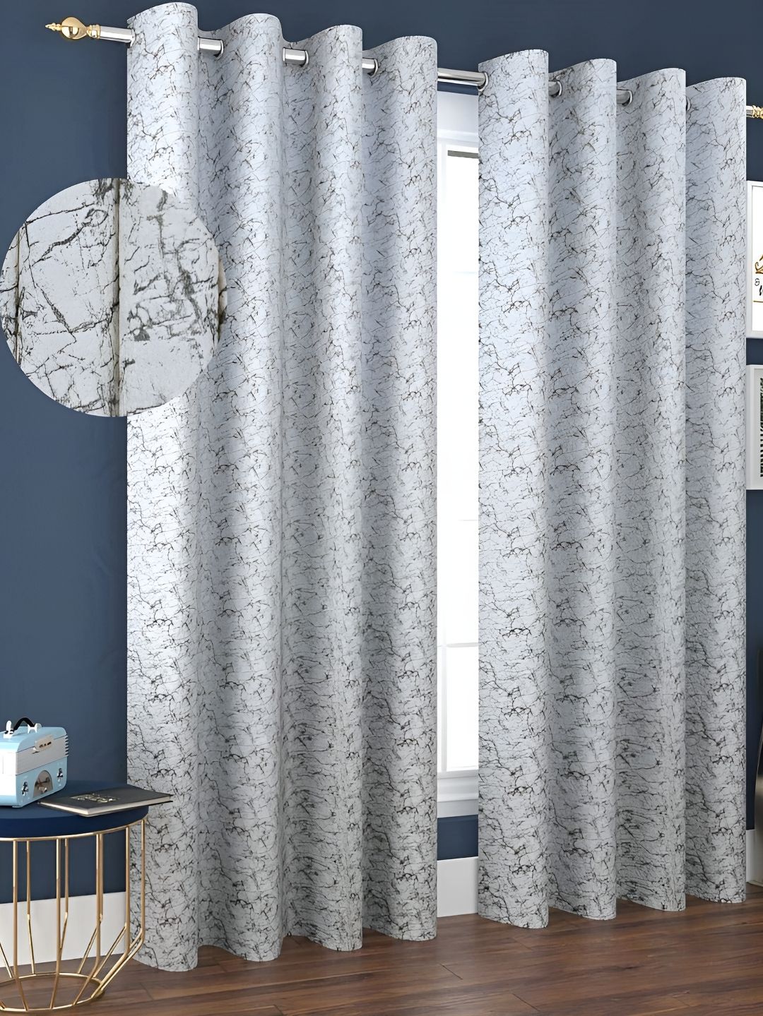 Kraftiq Homes White & Black 2 Pieces Velvet Room Darkening Window Curtains