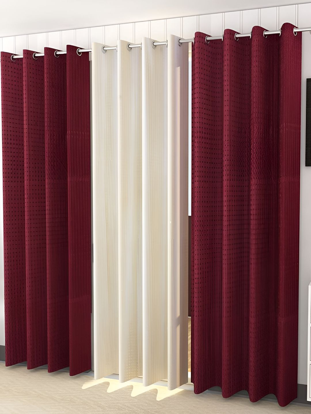 Kraftiq Homes Maroon & Cream 3 Pieces Room Darkening Window Curtains