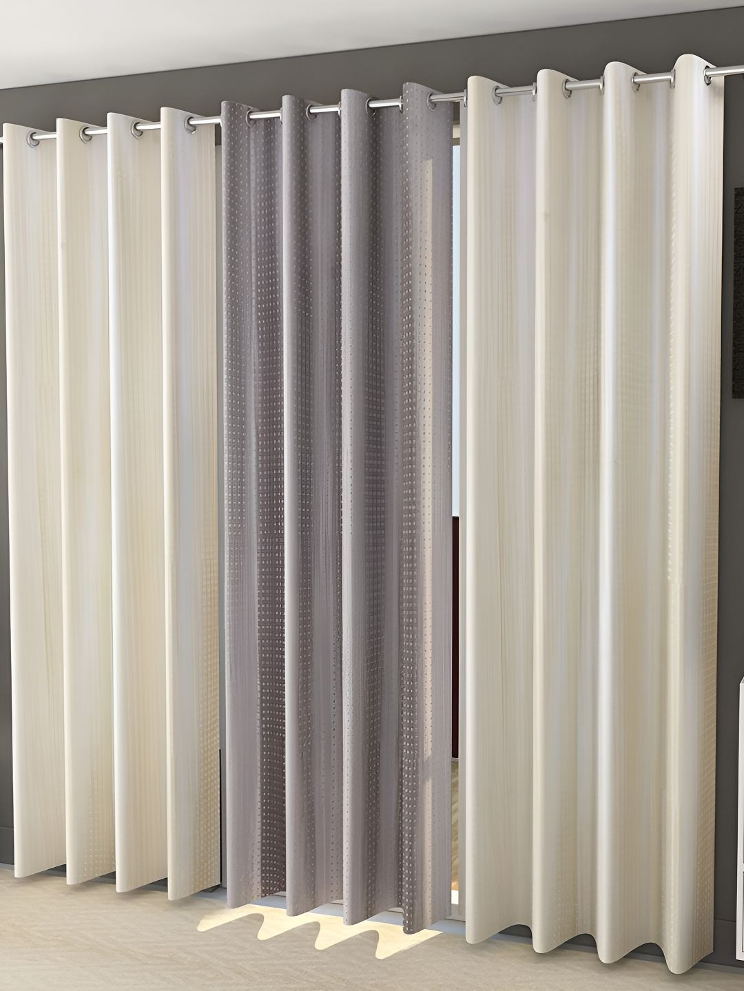 Kraftiq Homes Beige & Grey 3 Pieces Textured Room Darkening Door Curtains