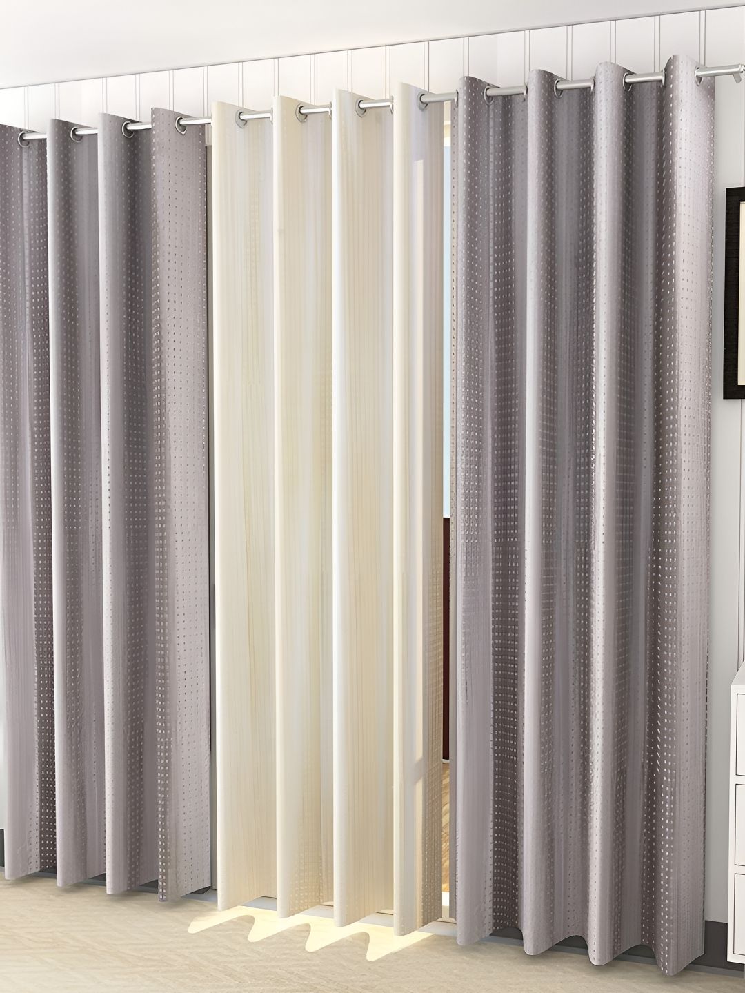 Kraftiq Homes Grey & Off White 3 Pieces Textured Room Darkening Door Curtains