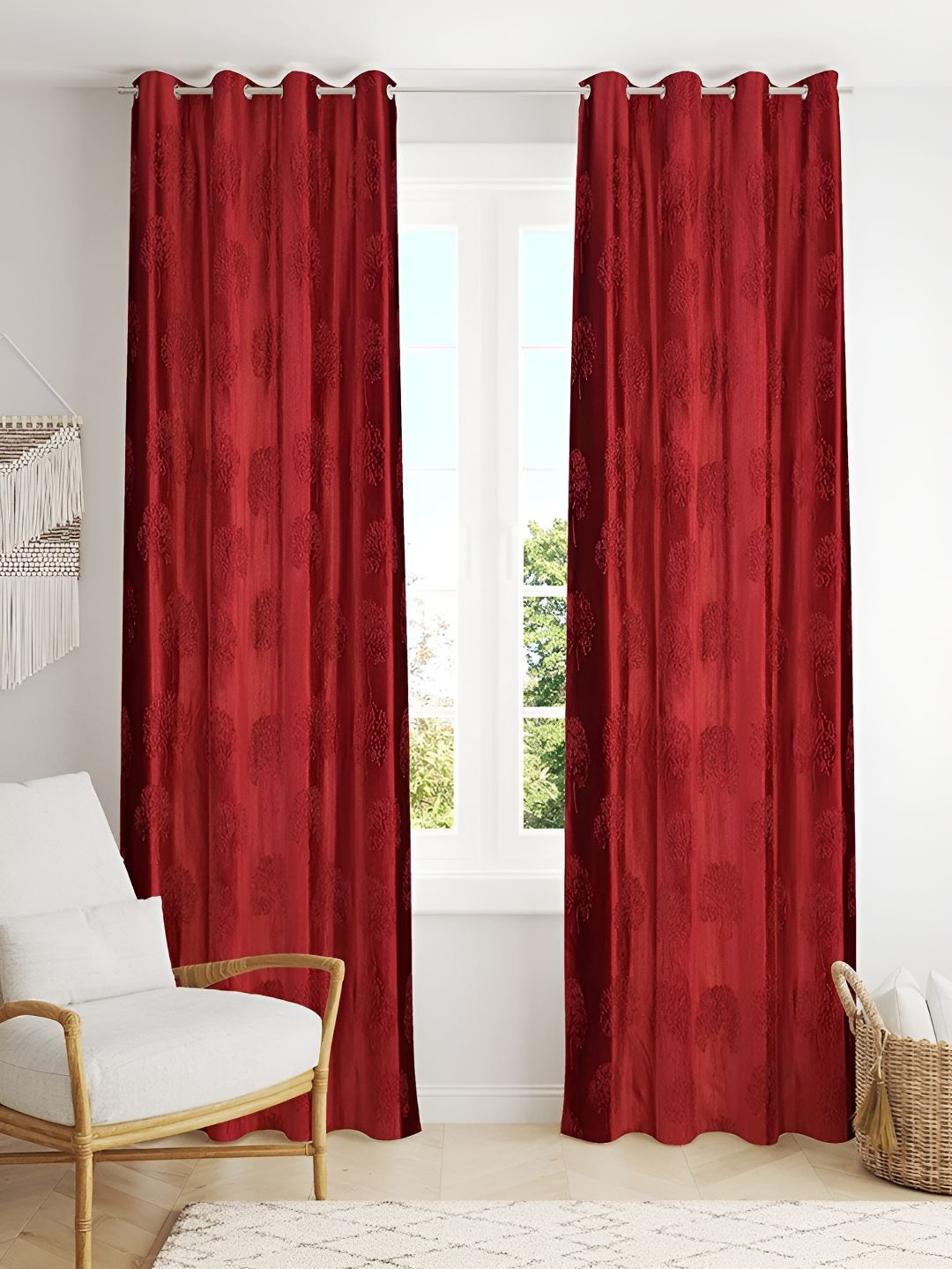 Kraftiq Homes Maroon 2 Pieces Floral Room Darkening Window Curtains
