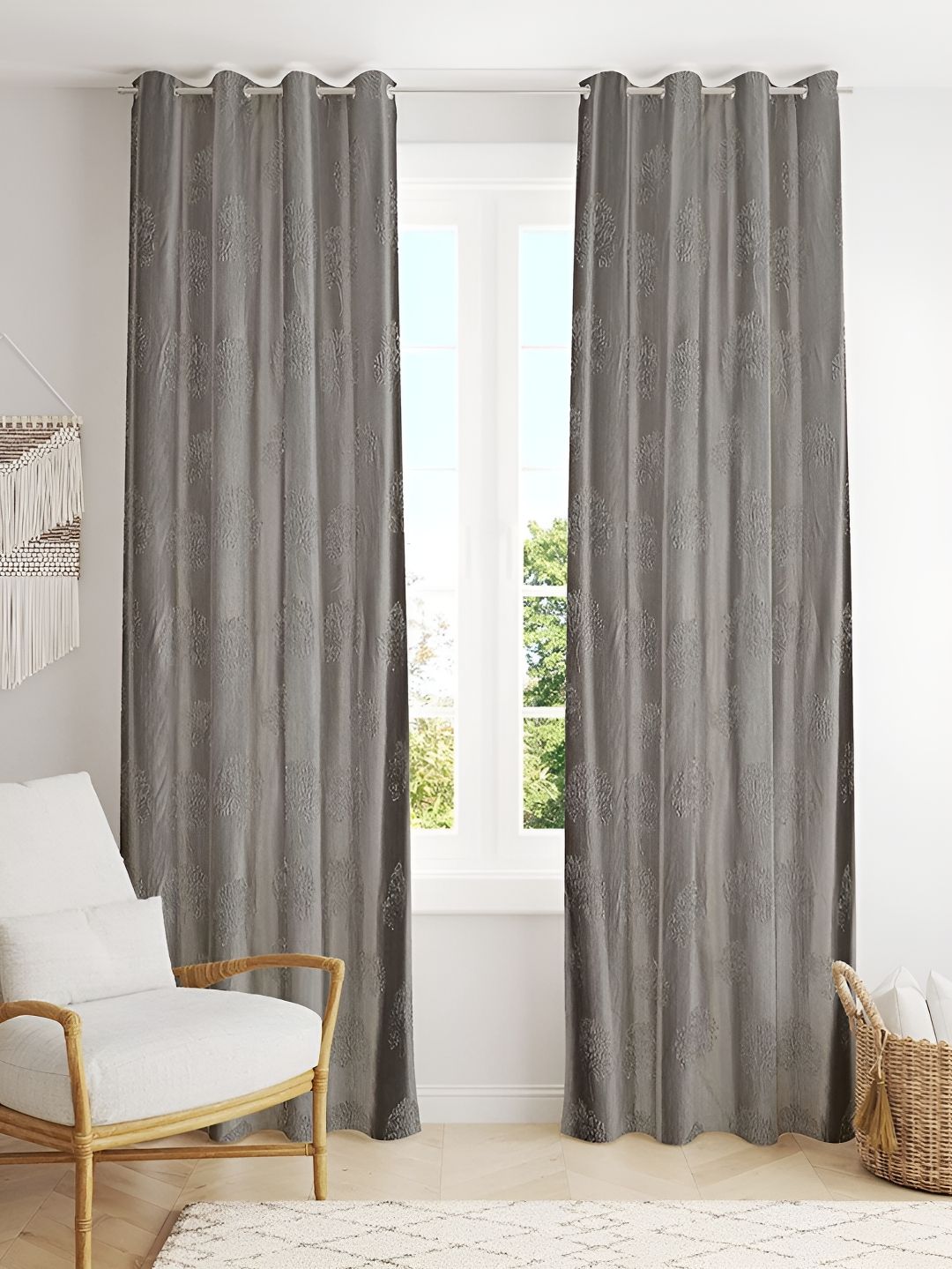 Kraftiq Homes Grey 2 Pieces Floral Room Darkening Window Curtains