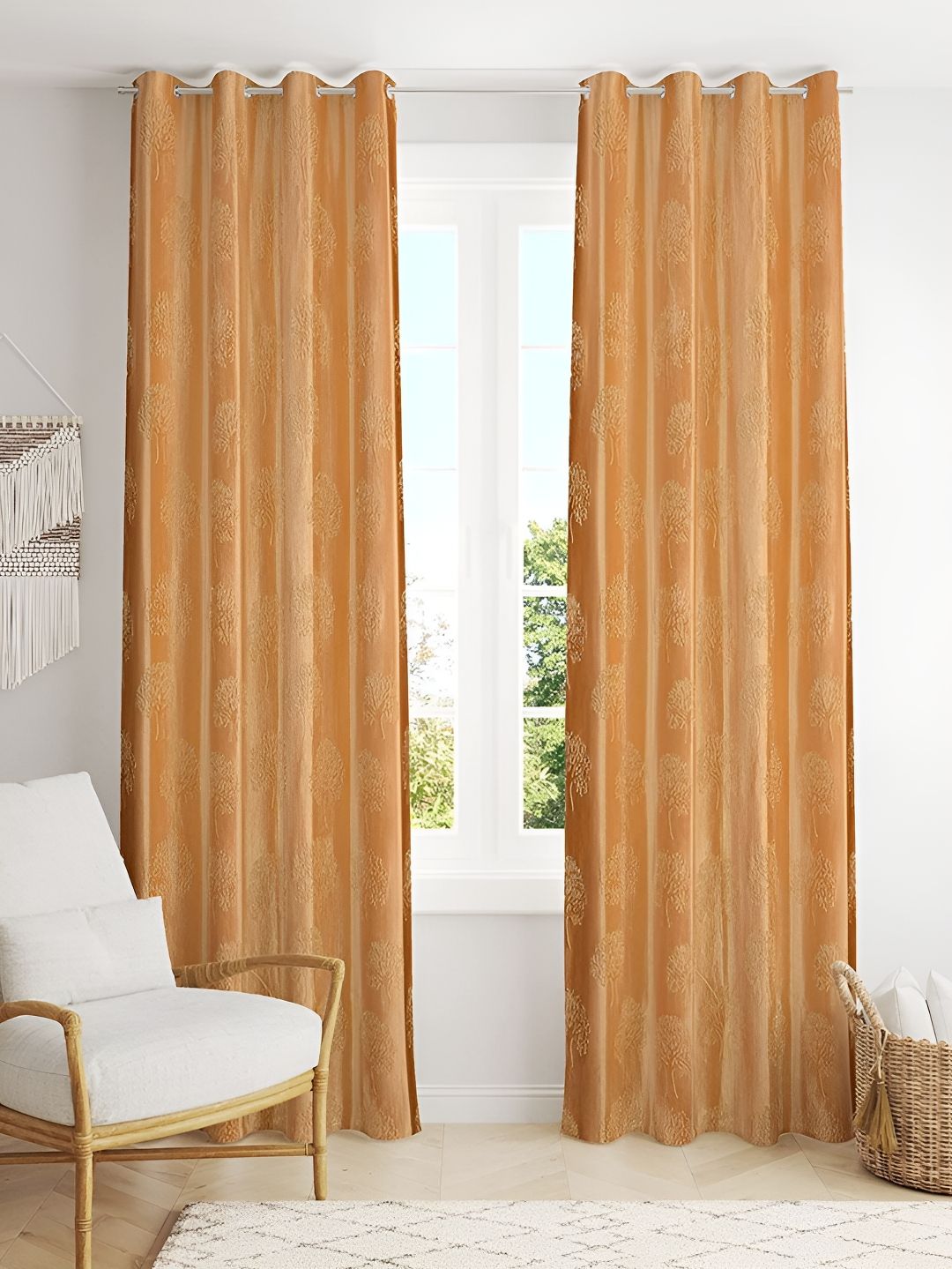 Kraftiq Homes treepunch Beige 2Pcs Floral Room Darkening Window Curtain