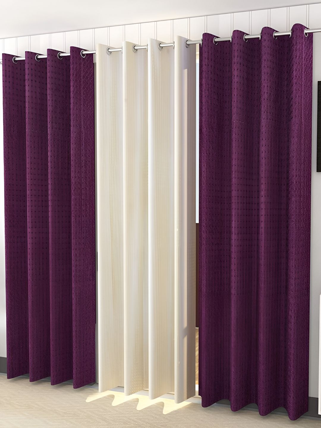 Kraftiq Homes plainpunching Purple & White  3 Pcs Abstract Room Darkening Door Curtain